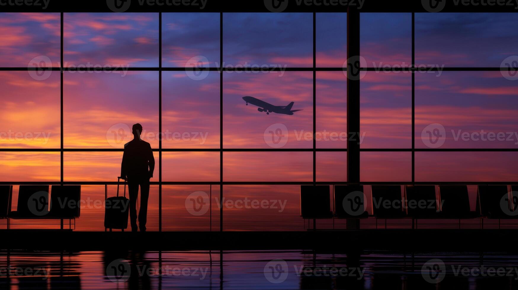 The serene silhouette of a traveler watching a plane take off at sunset. photo