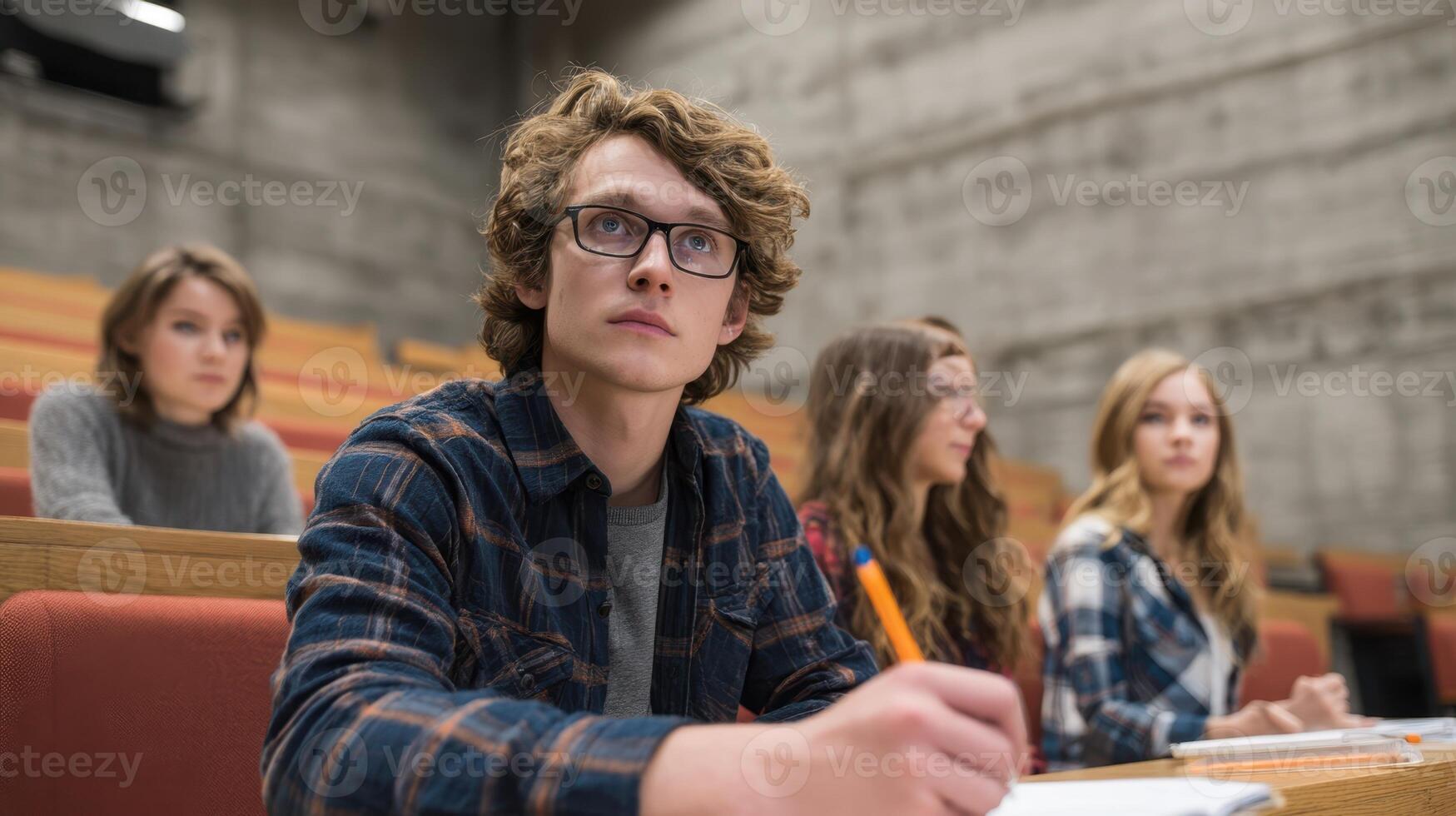 The focused student taking notes during an engaging classroom lecture. photo