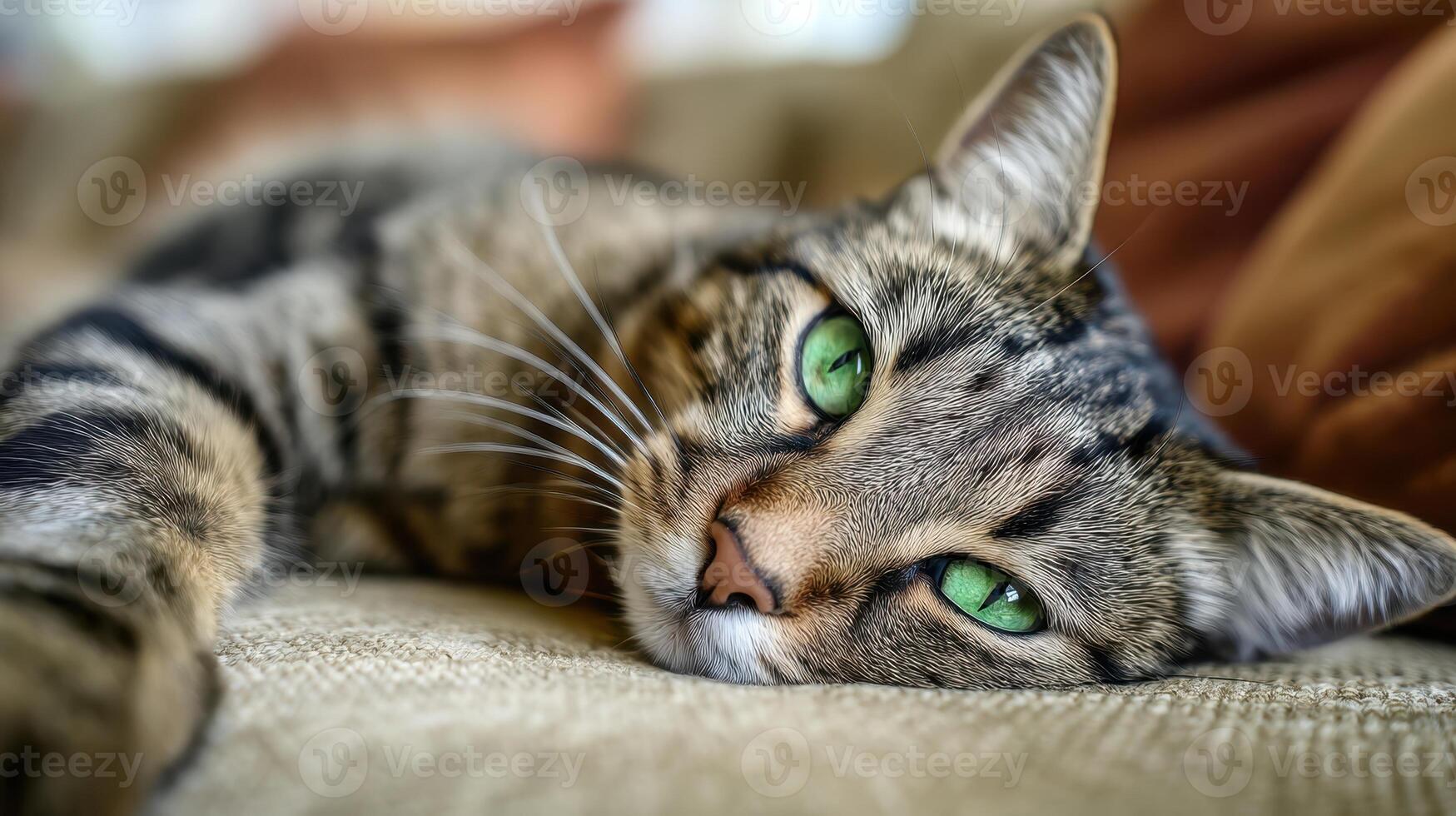 The tabby cat lounging comfortably on a soft couch with mesmerizing green eyes. photo