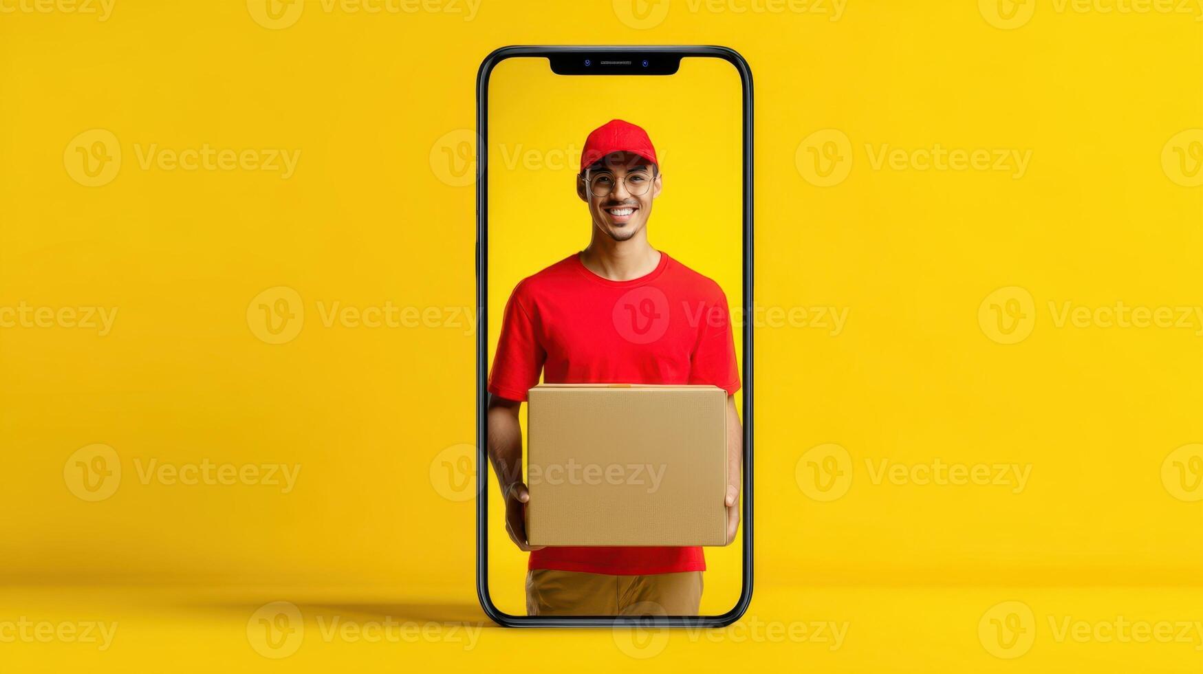 The smiling delivery person holding a package within a smartphone frame. photo