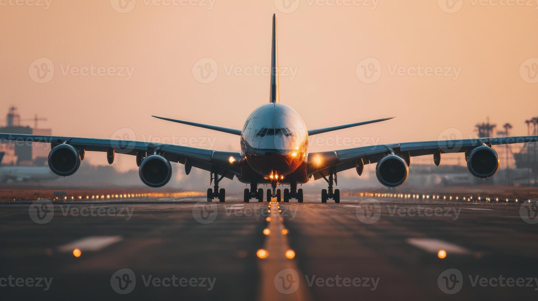 An airplane is sitting on the runway at sunset photo