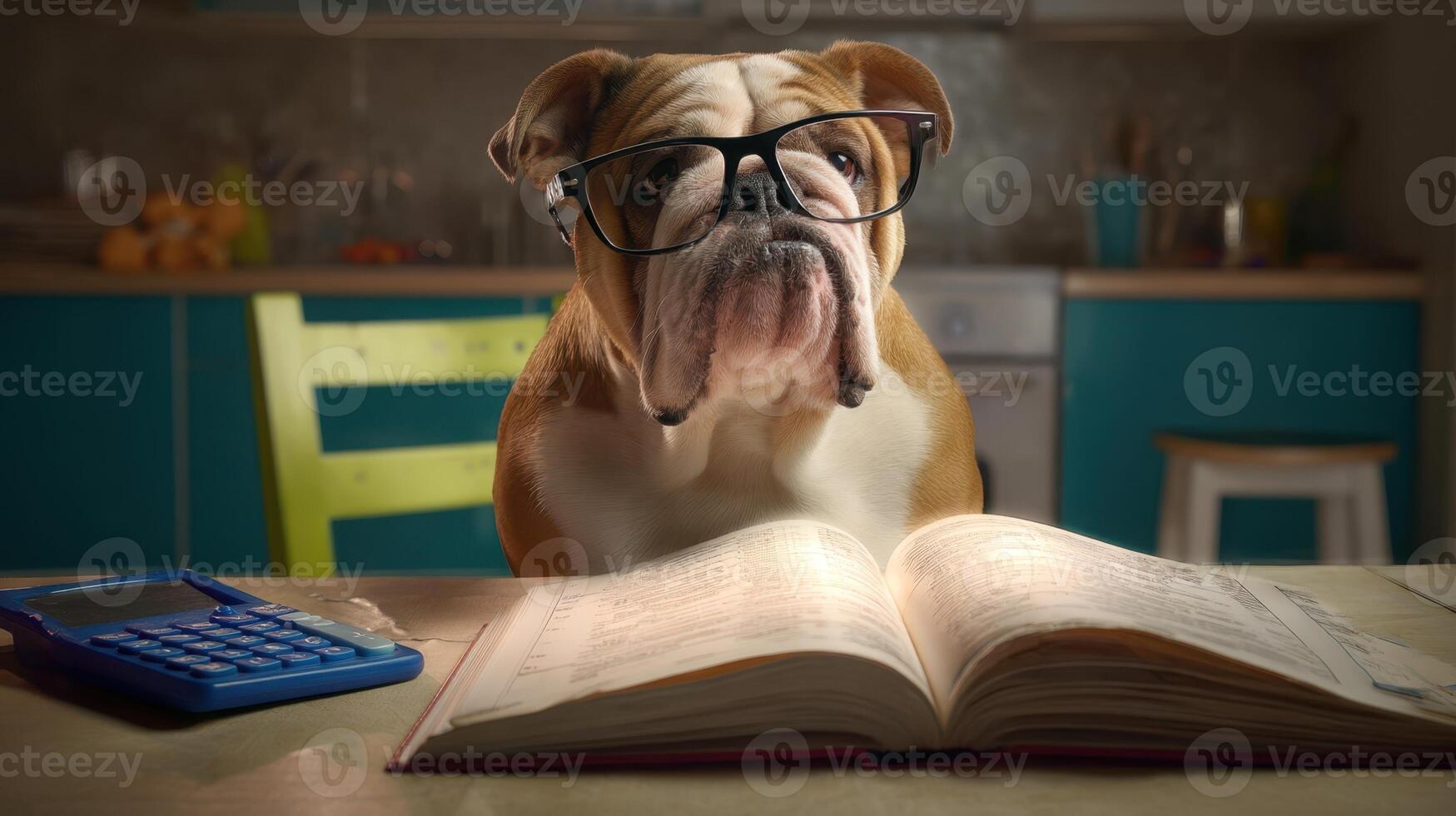 The Bulldog in Glasses Engaged in Serious Study at a Cozy Kitchen Table photo