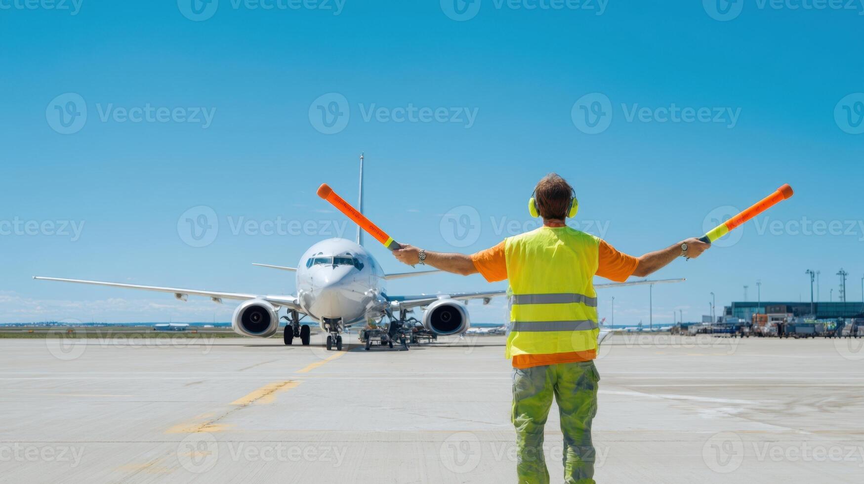 The ground worker signaling an airplane on the tarmac during a sunny day. photo