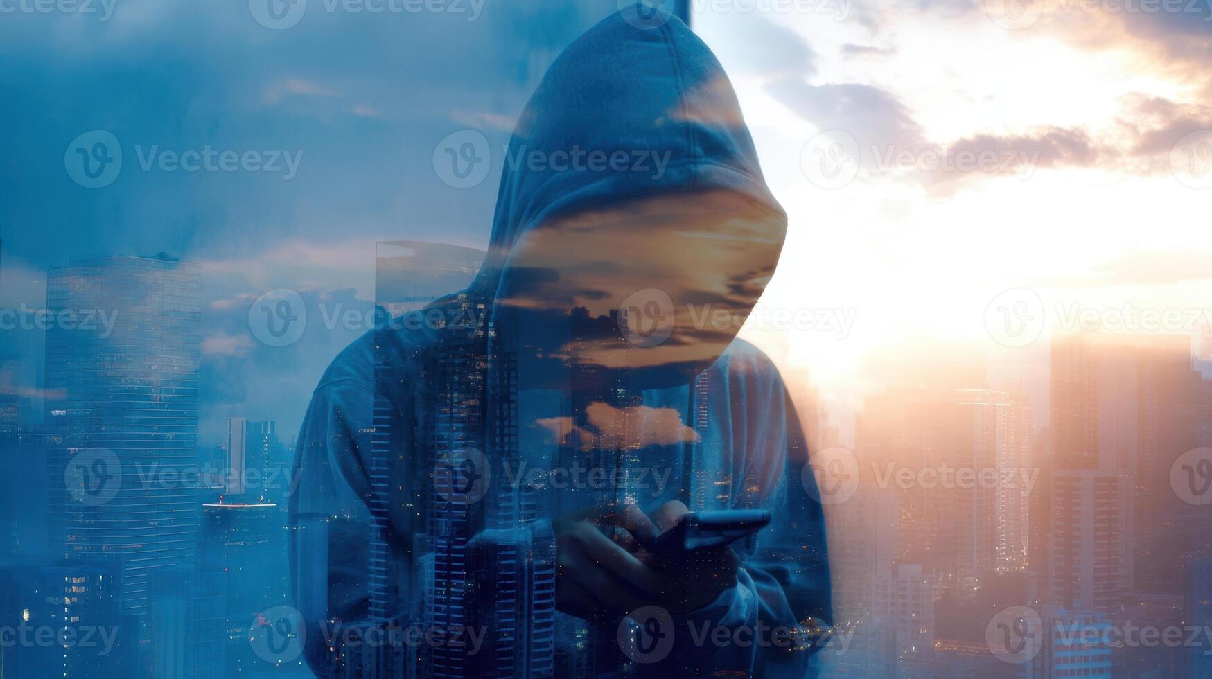 The mysterious figure with a phone against a stunning urban sunset backdrop. photo