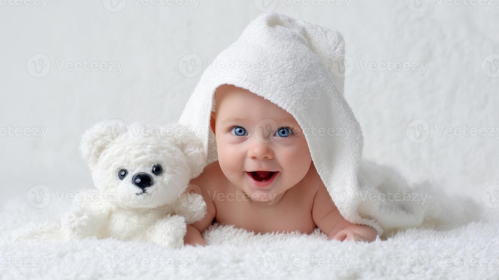 The baby with a teddy bear wrapped in a cozy blanket smiling joyfully. photo
