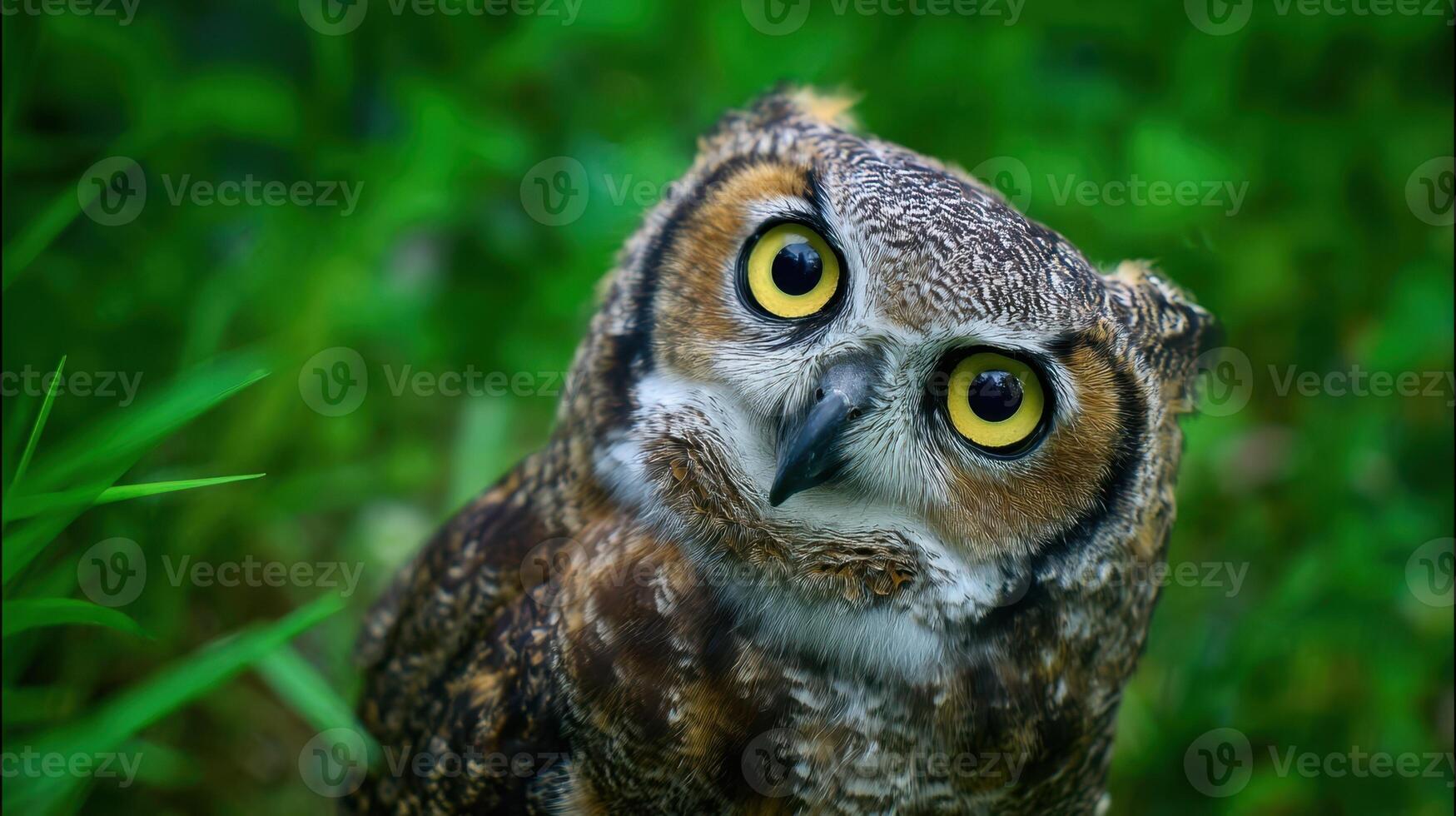 The captivating owl with striking yellow eyes in a lush green environment. photo