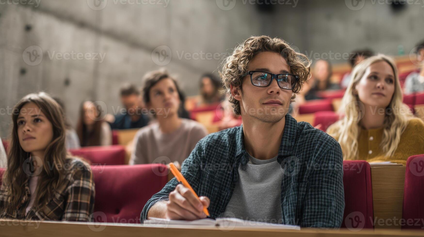 The attentive student in a modern classroom during a lecture on engaging topics. photo