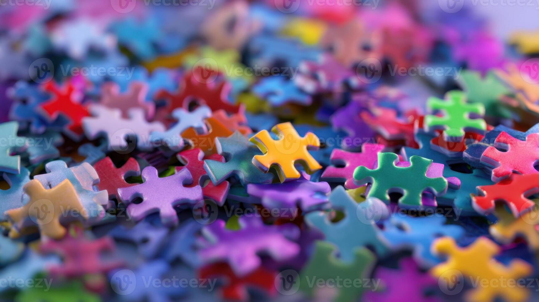 The colorful assortment of jigsaw puzzle pieces scattered creatively on a surface photo