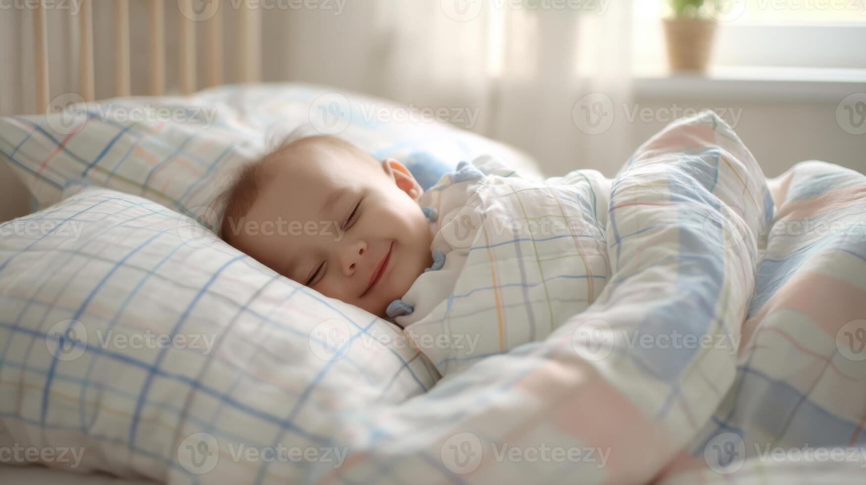 The sleeping baby wrapped in a cozy blanket enjoying a peaceful moment. photo