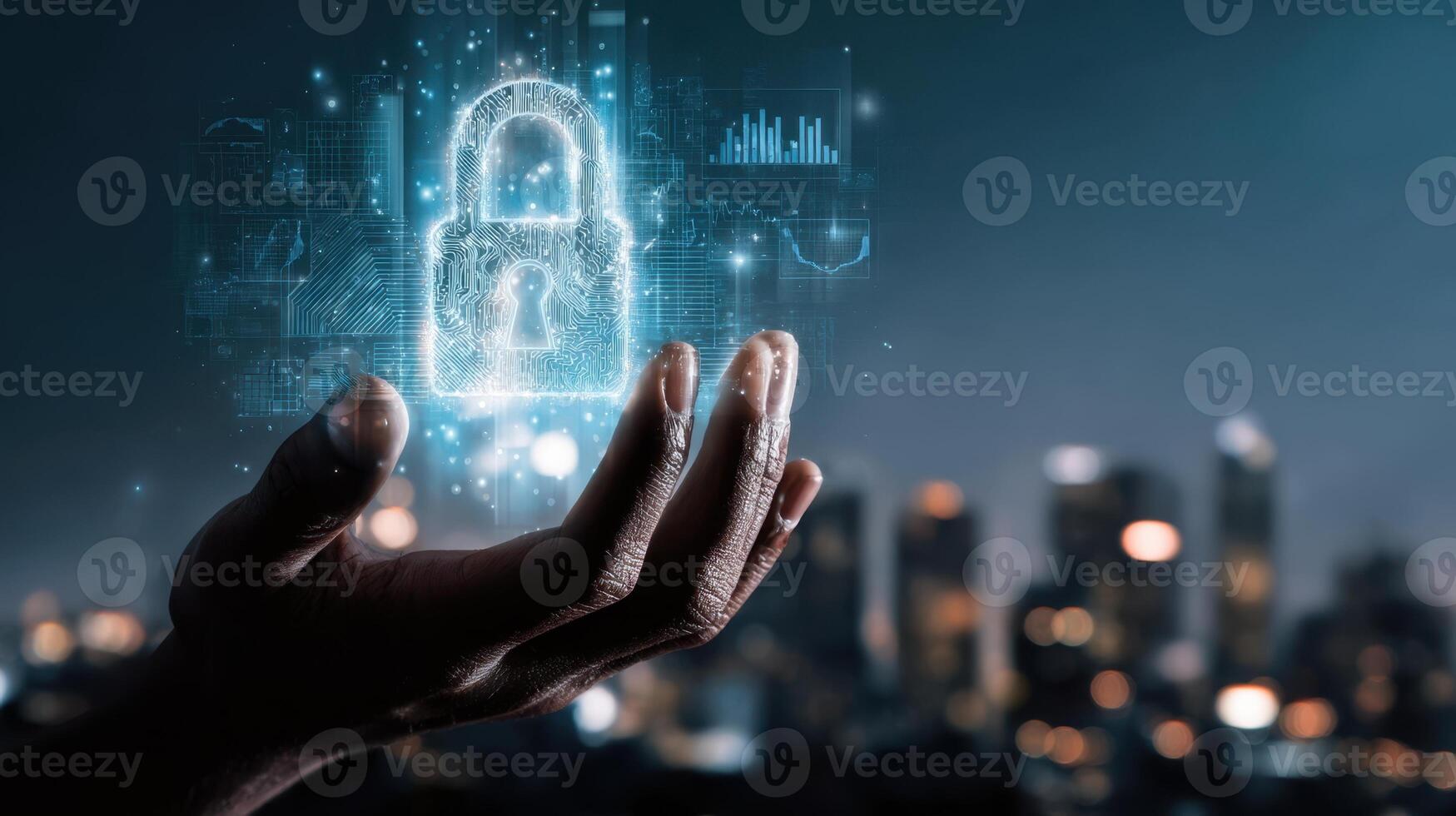 A hand holding a padlock with a cityscape in the background photo