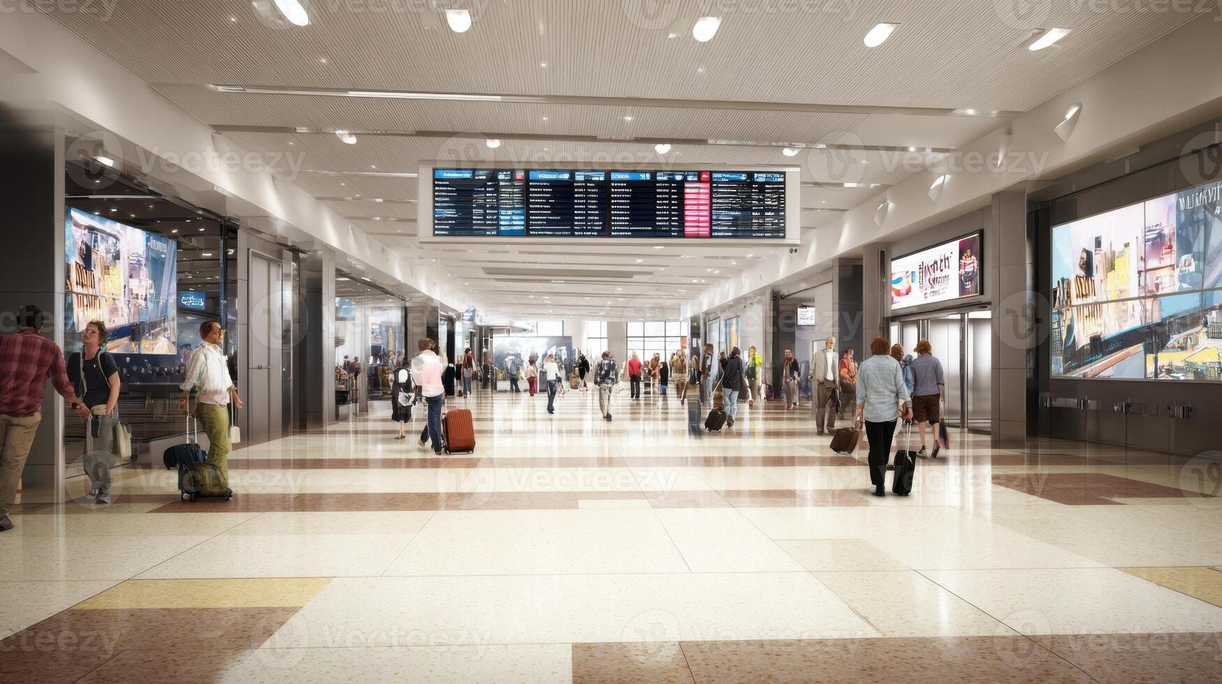 The modern airport terminal bustling with travelers and digital flight information displays. photo