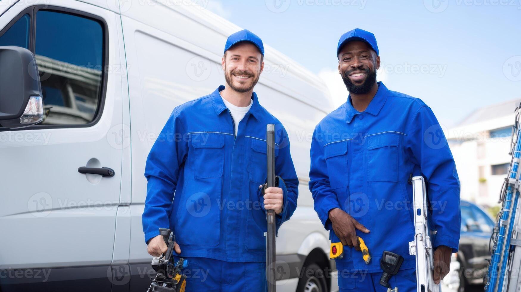 The smiling technicians standing confidently in front of their service van. photo