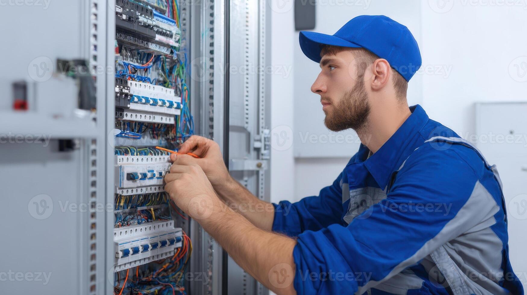 The technician working on an electrical panel in a technical facility. photo