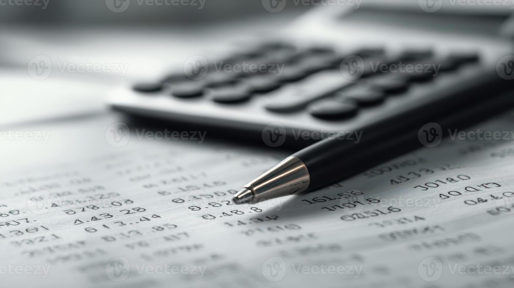 The elegant pen resting on financial documents with a calculator in the background. photo