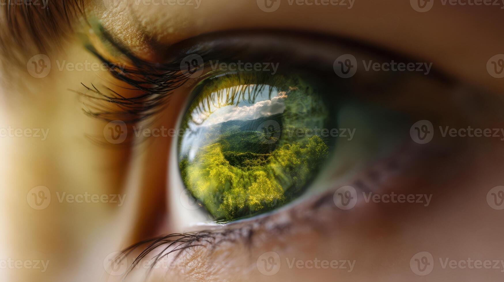 The stunning eye reflecting a vibrant natural landscape and serene environment. photo