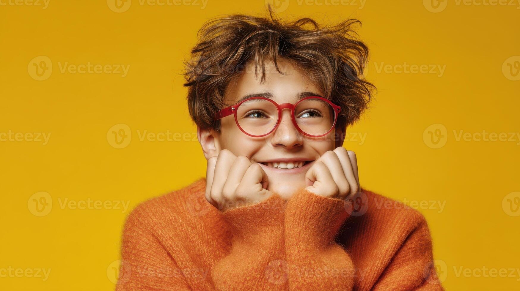 The cheerful child with glasses gives an expressive, joyful smile against a vibrant backdrop. photo