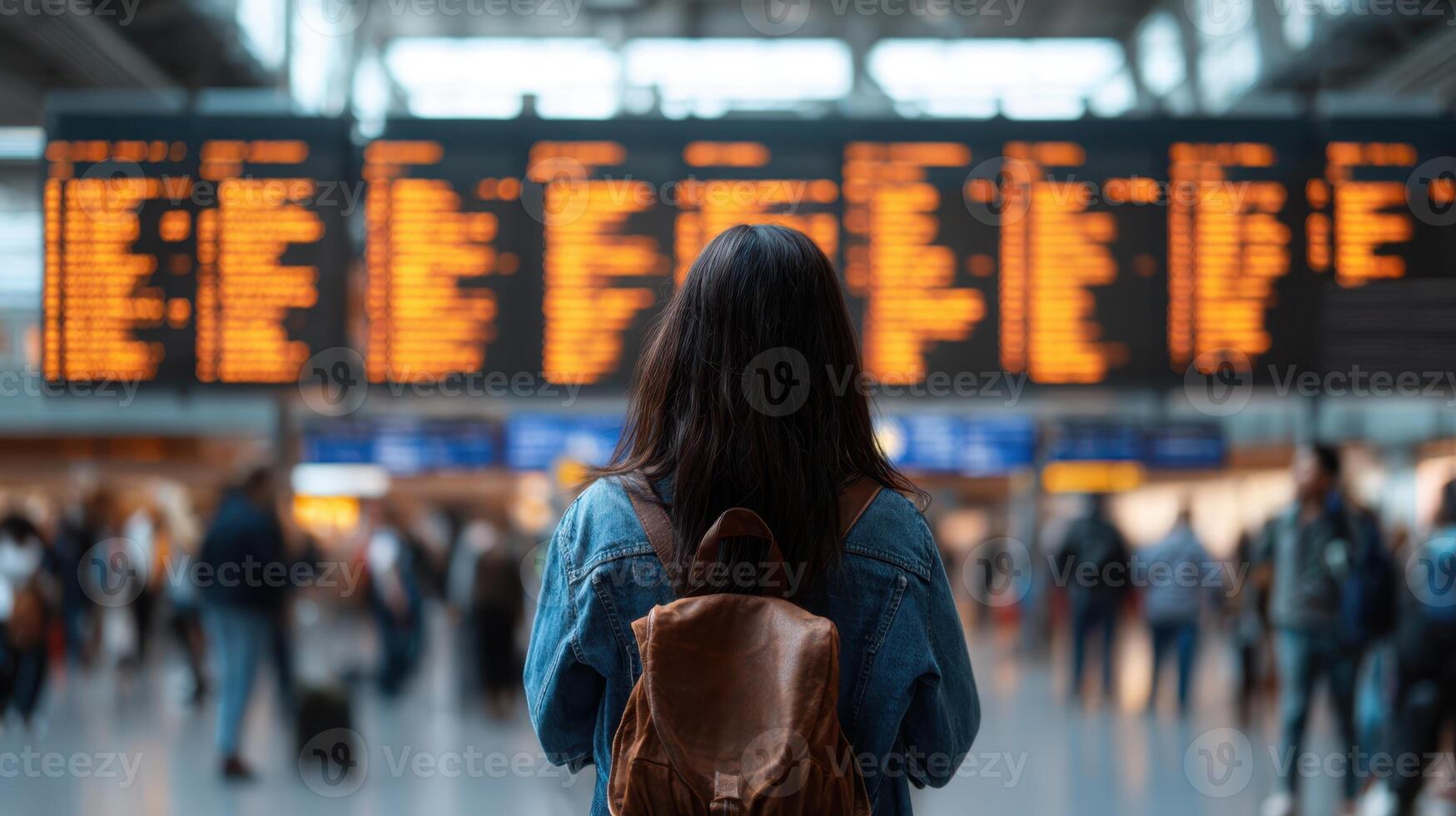 The traveler waiting in an airport terminal gazing at flight information screen. photo