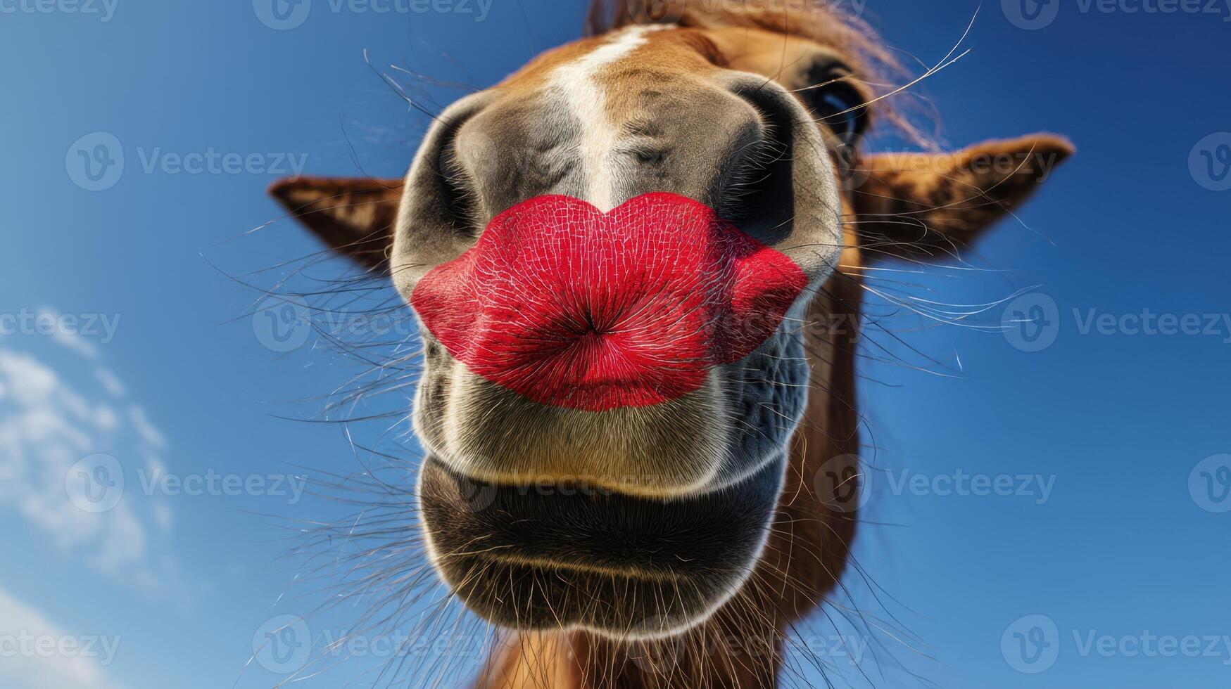 The horse with a playful kiss mark on its nose against a blue sky. photo