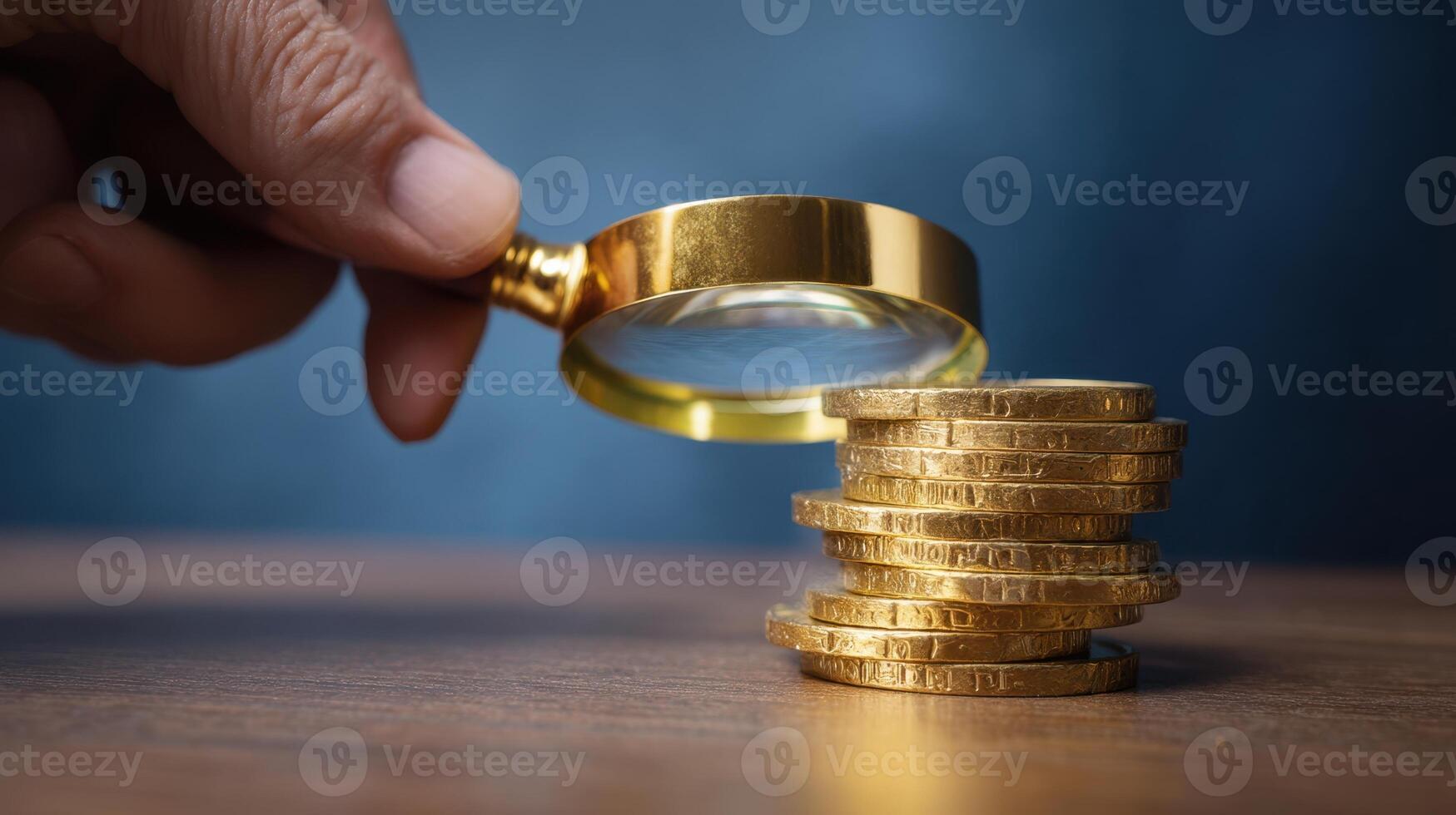 The hand holding a magnifying glass inspecting a stack of golden coins. photo