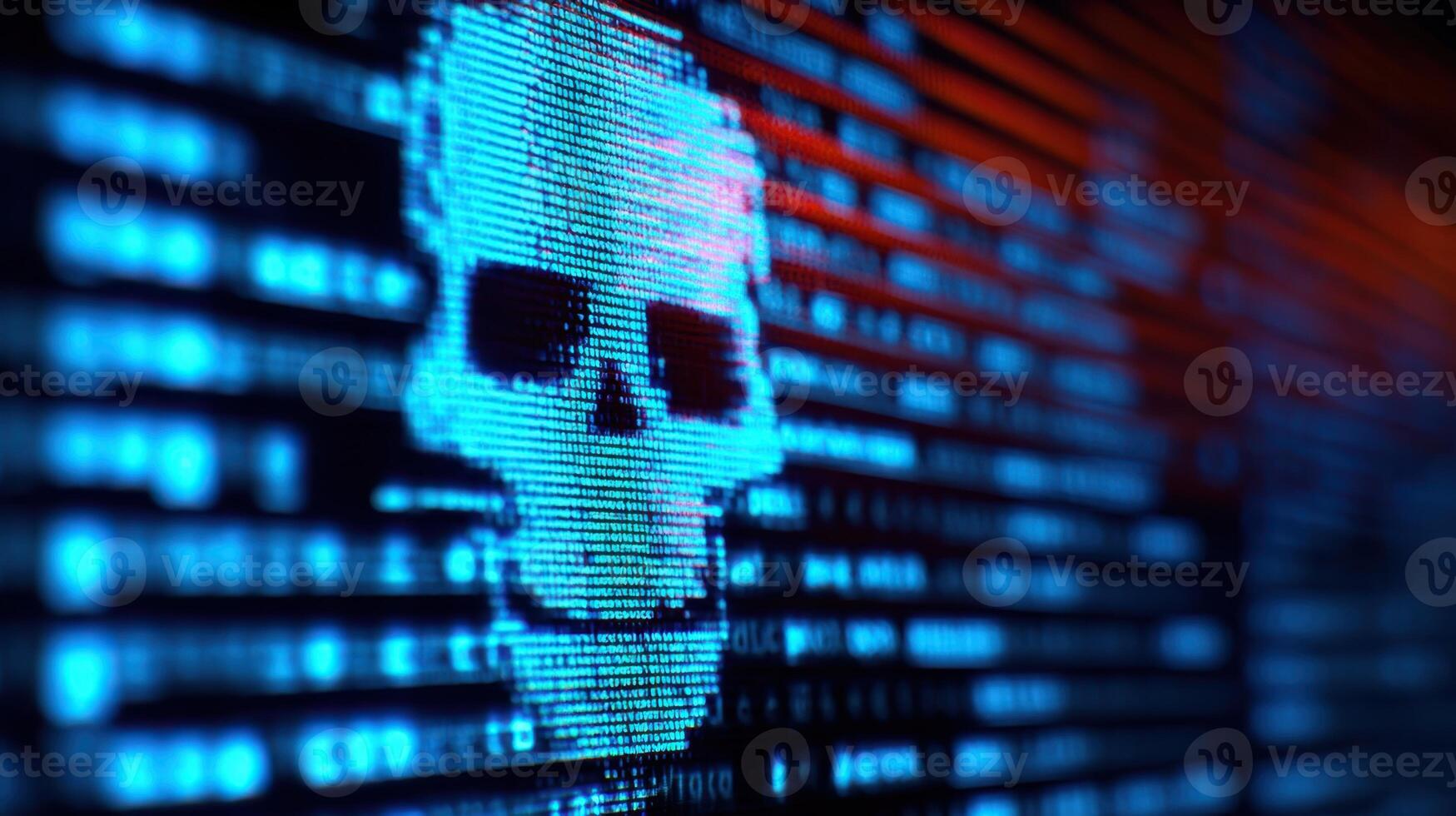 The blue skull symbolizing digital threats in a data-filled environment. photo