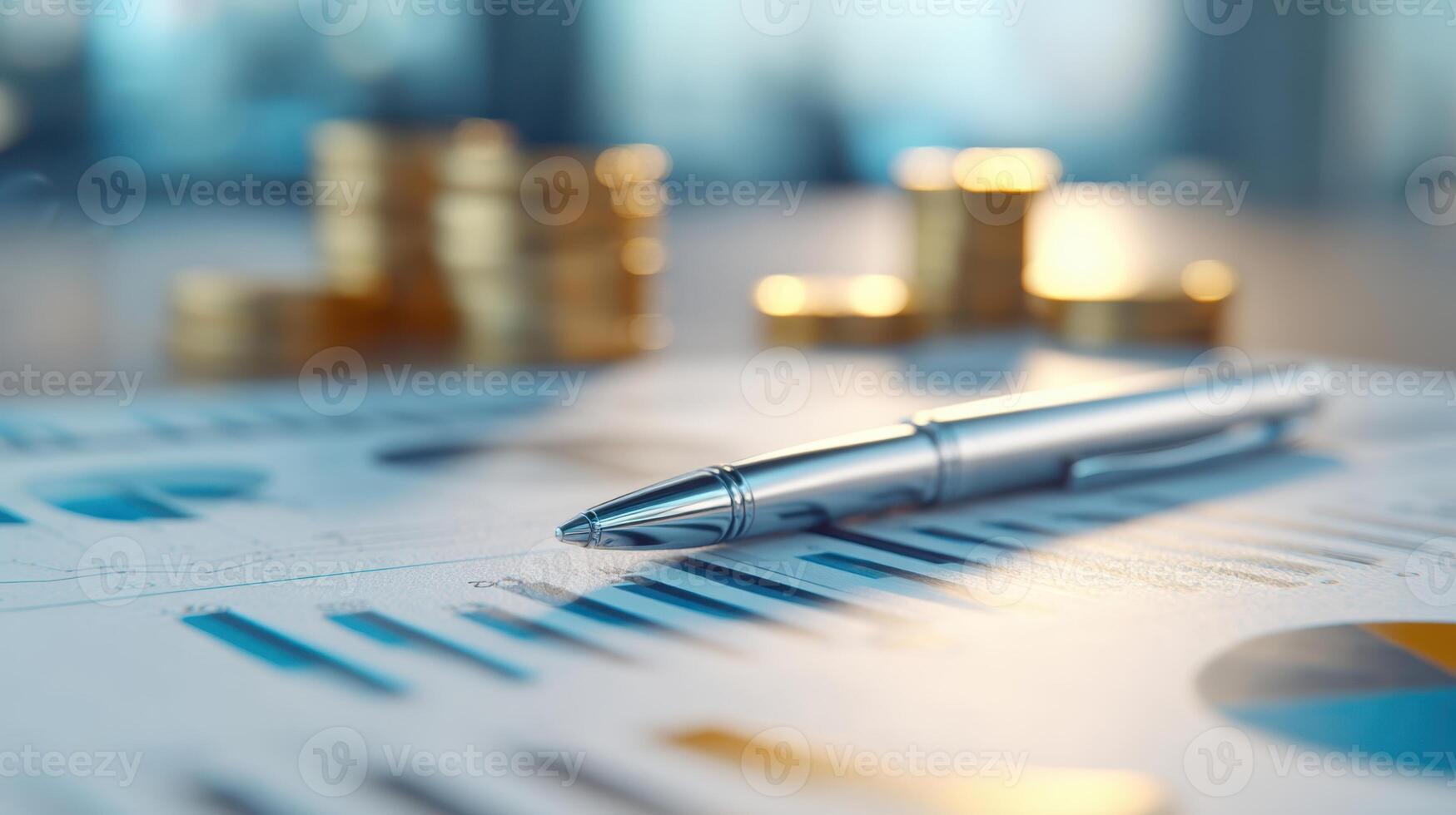 The pen resting on financial documents alongside golden coins and charts photo