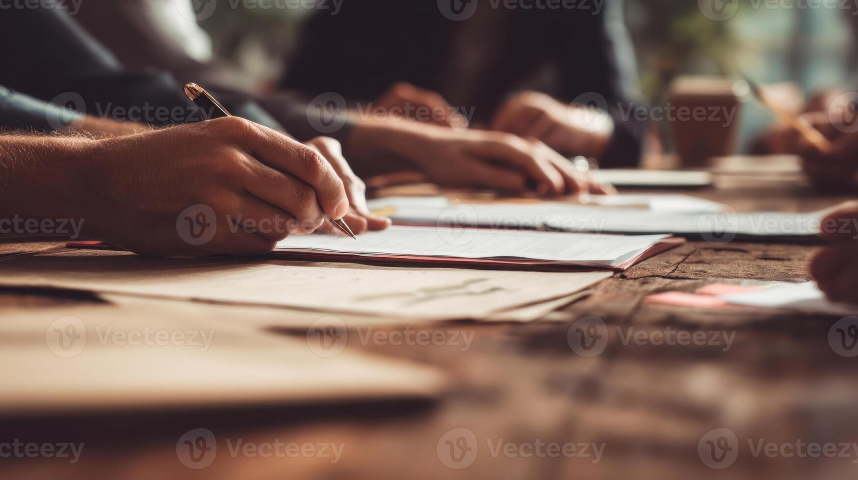 The engaged hands collaborating on important business documents at a meeting. photo