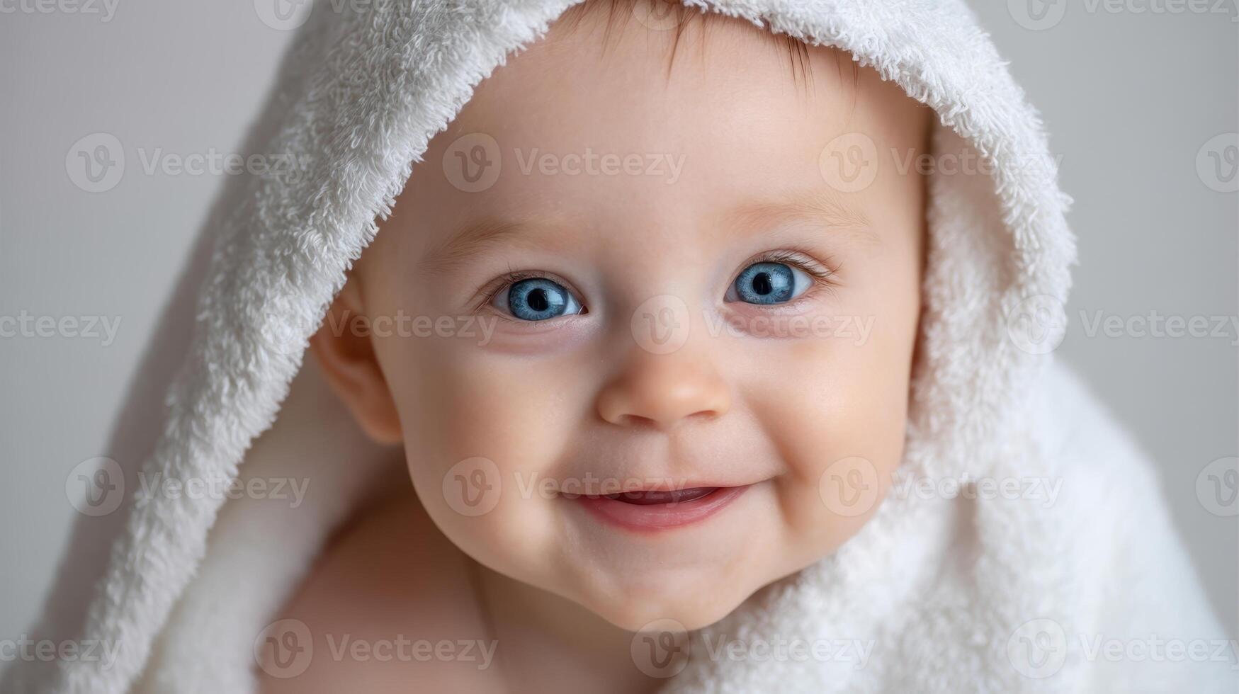 The adorable baby wrapped in a fluffy towel with a joyful smile. photo