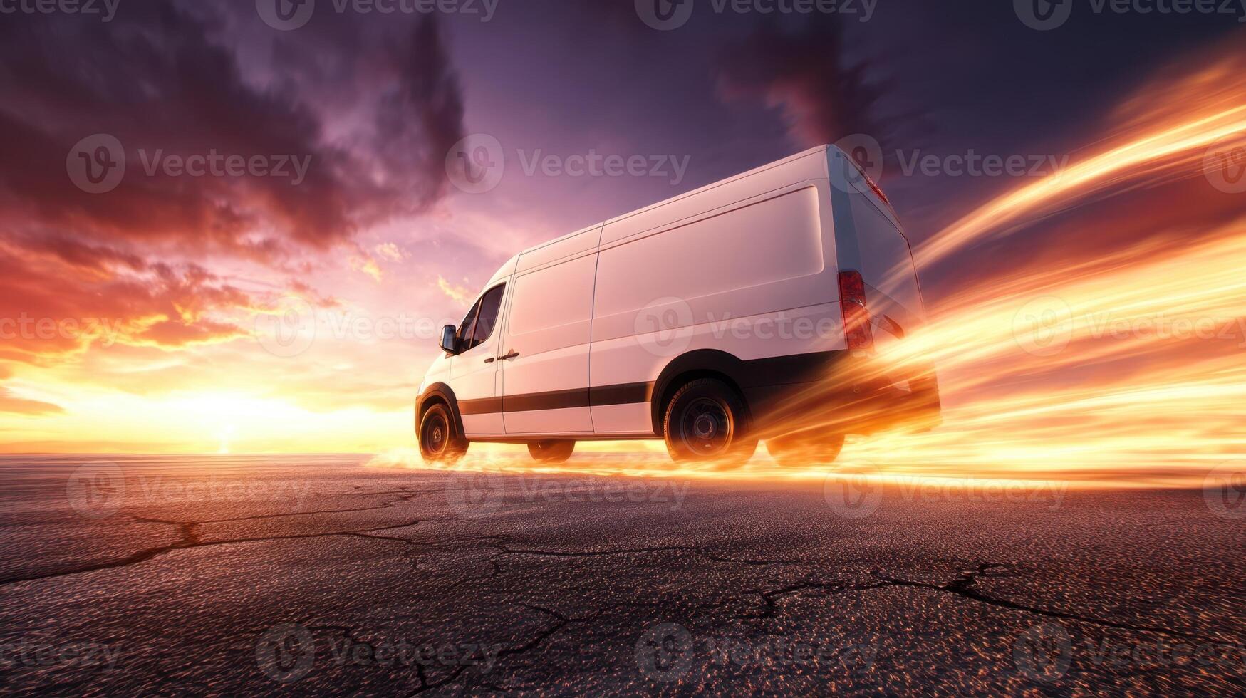 The van racing at sunset, showcasing speed and dynamic energy on the road. photo