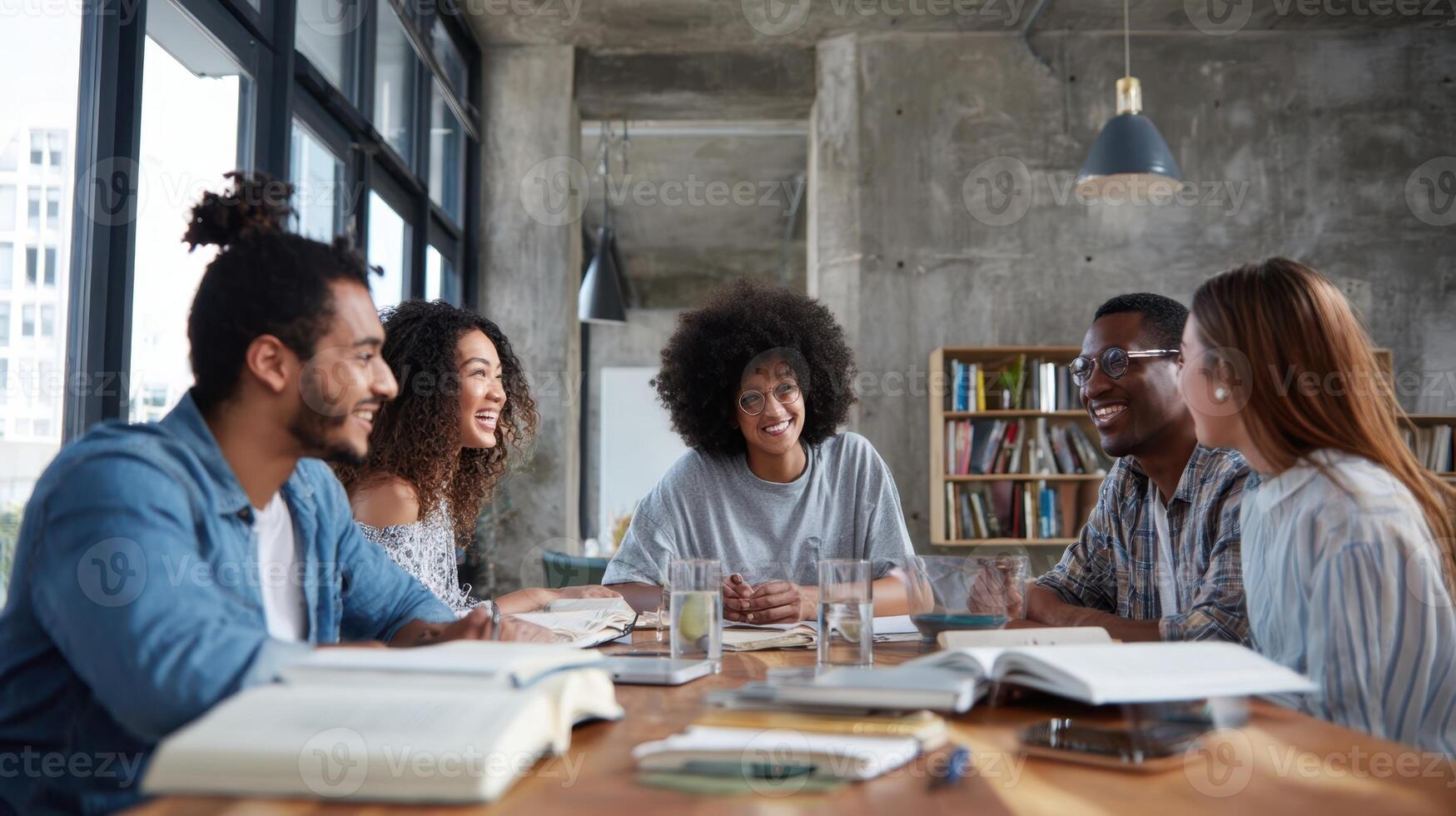 The engaging group of friends collaborating in a modern workspace setting photo