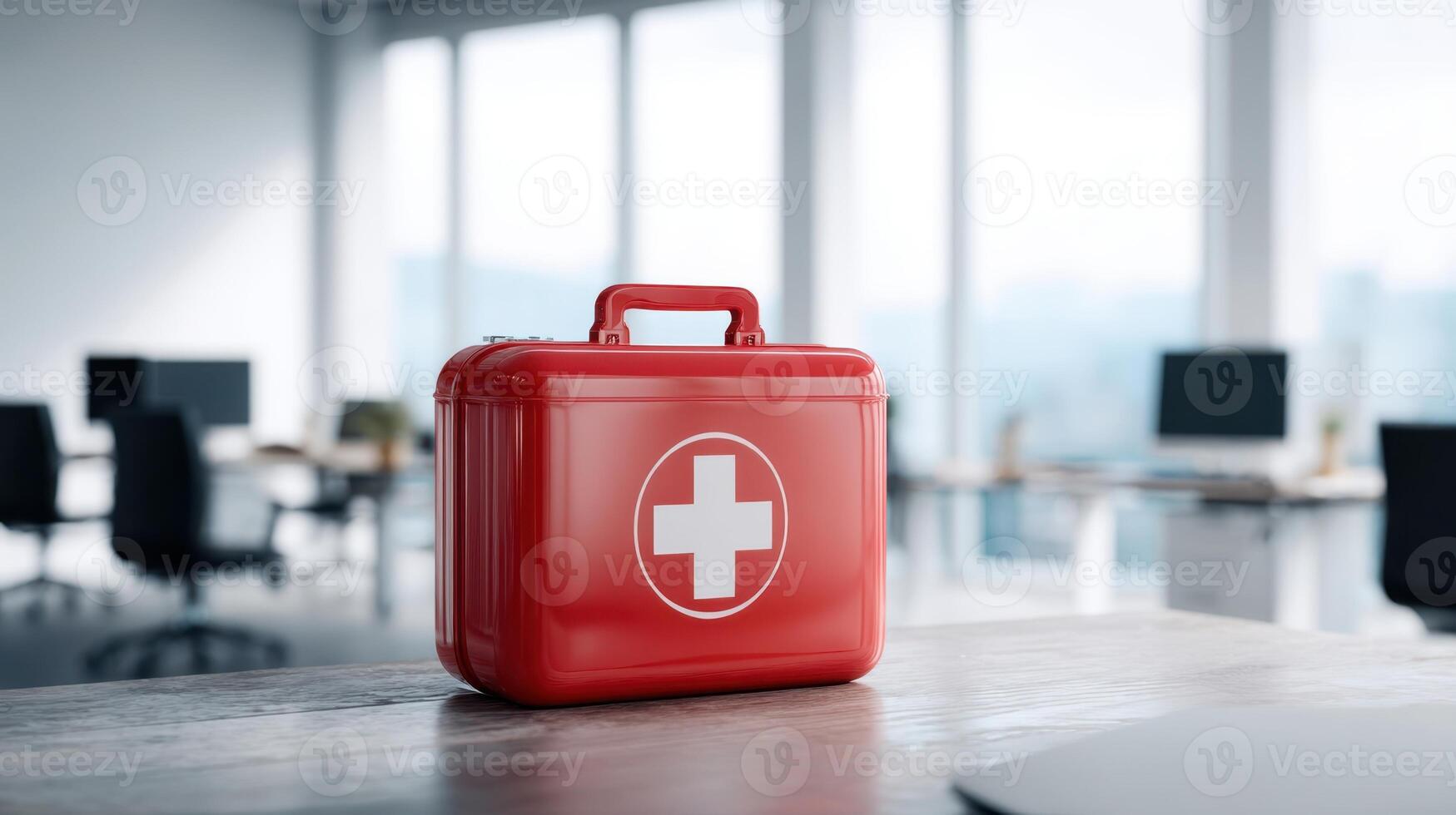 The red first aid kit prominently displayed on a modern office desk. photo