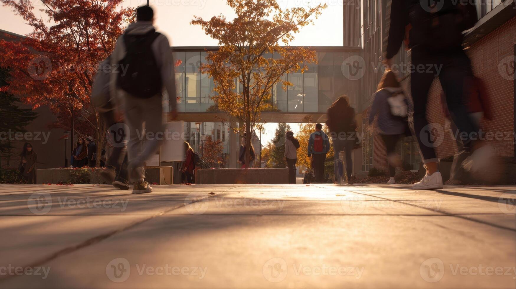 The bustling campus scene with students enjoying a sunny autumn day. photo