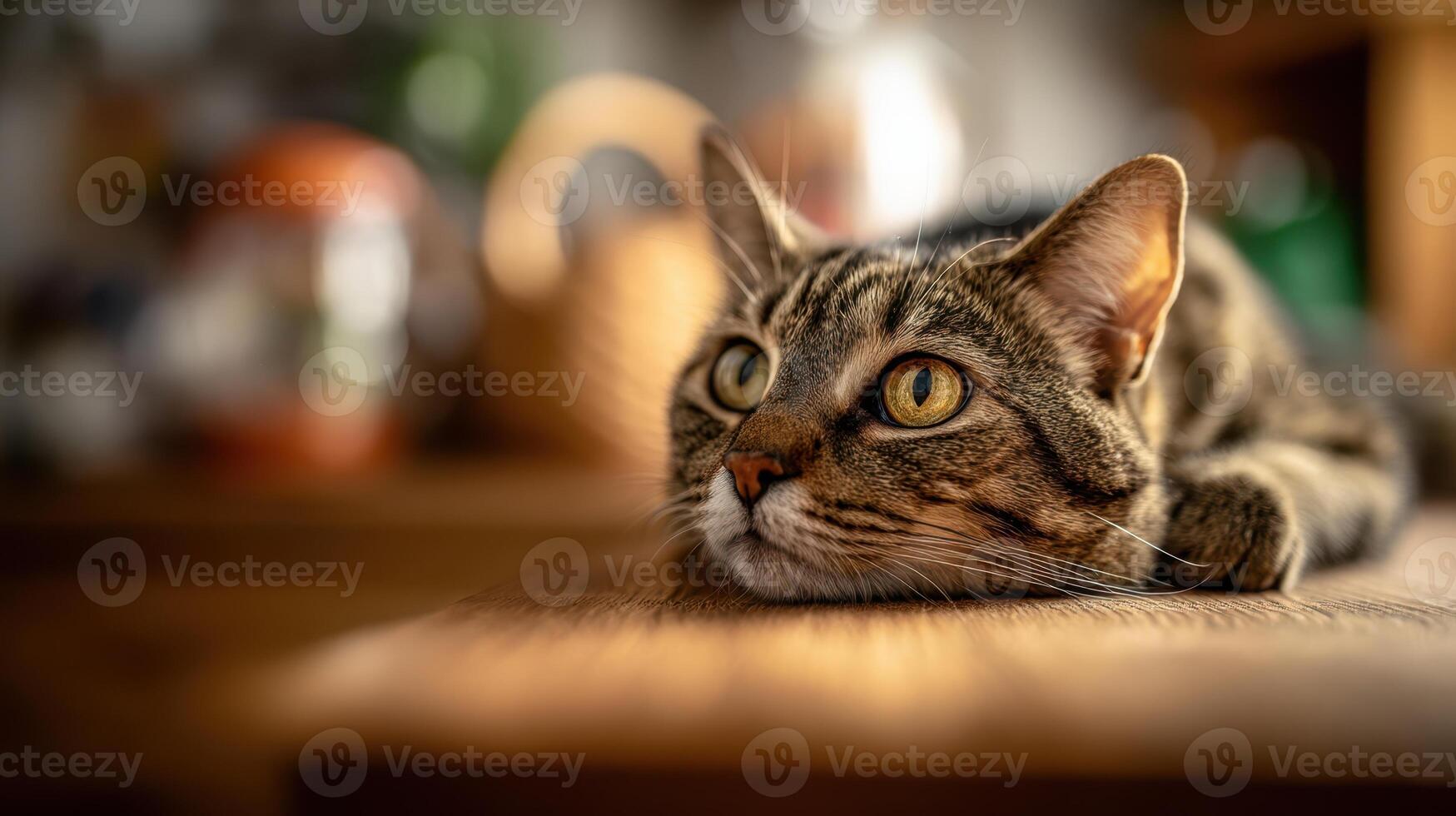 The charming tabby cat relaxing on a wooden table in soft light. photo