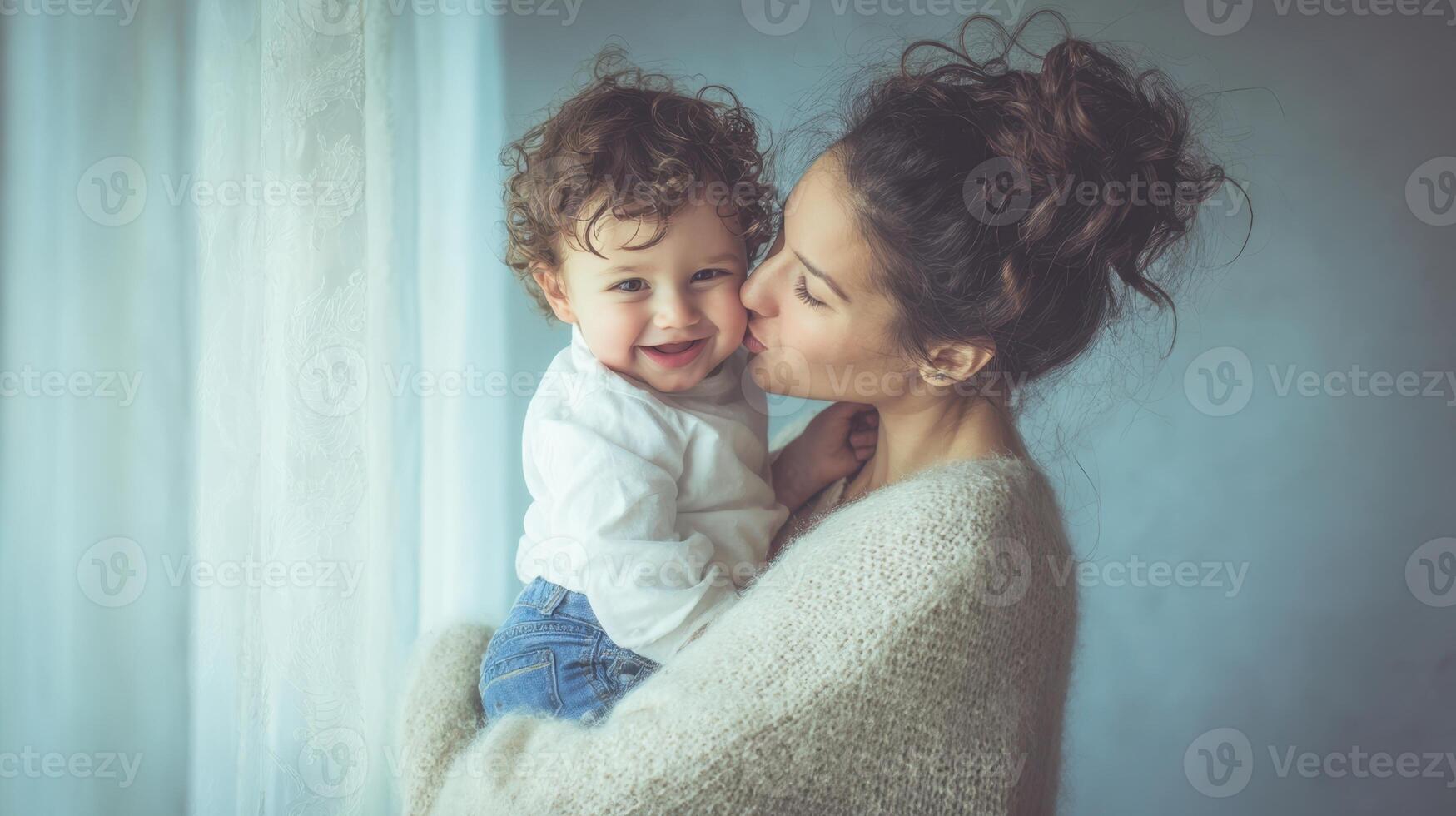 The loving bond between a mother and her smiling child in a cozy setting. photo