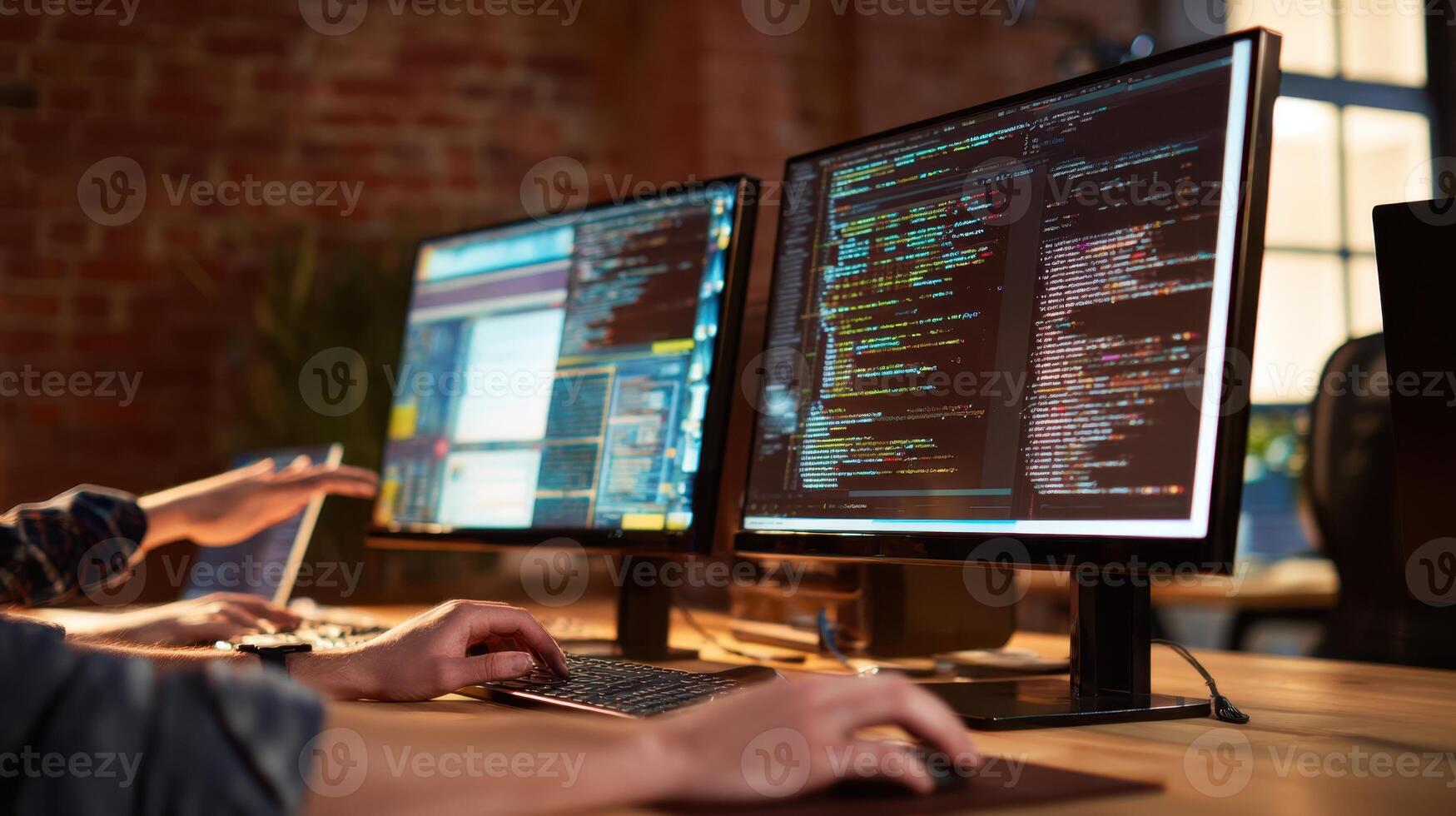 The coder's workspace illuminated by multiple screens showcasing programming activity. photo