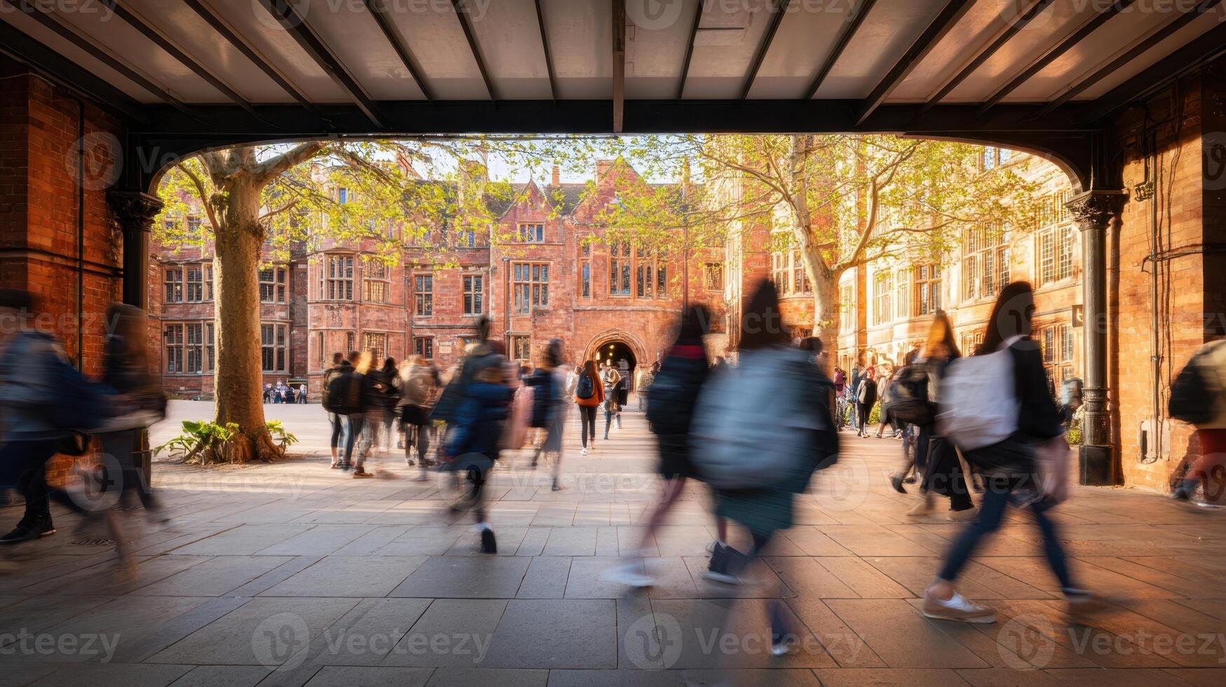The bustling university campus with students moving through the historic archway. photo