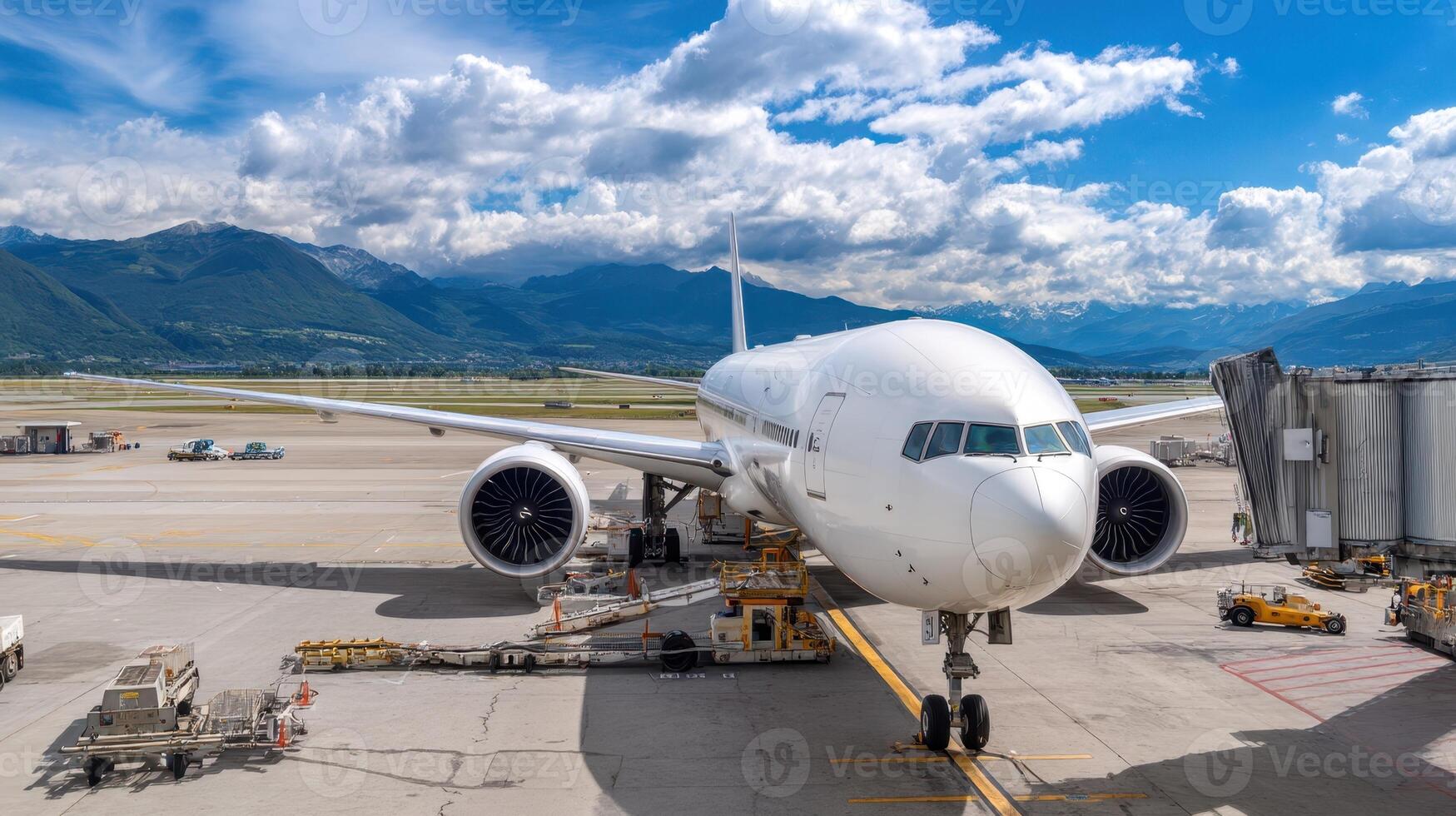 The airplane at the airport with stunning mountain backdrop and vibrant clouds. photo