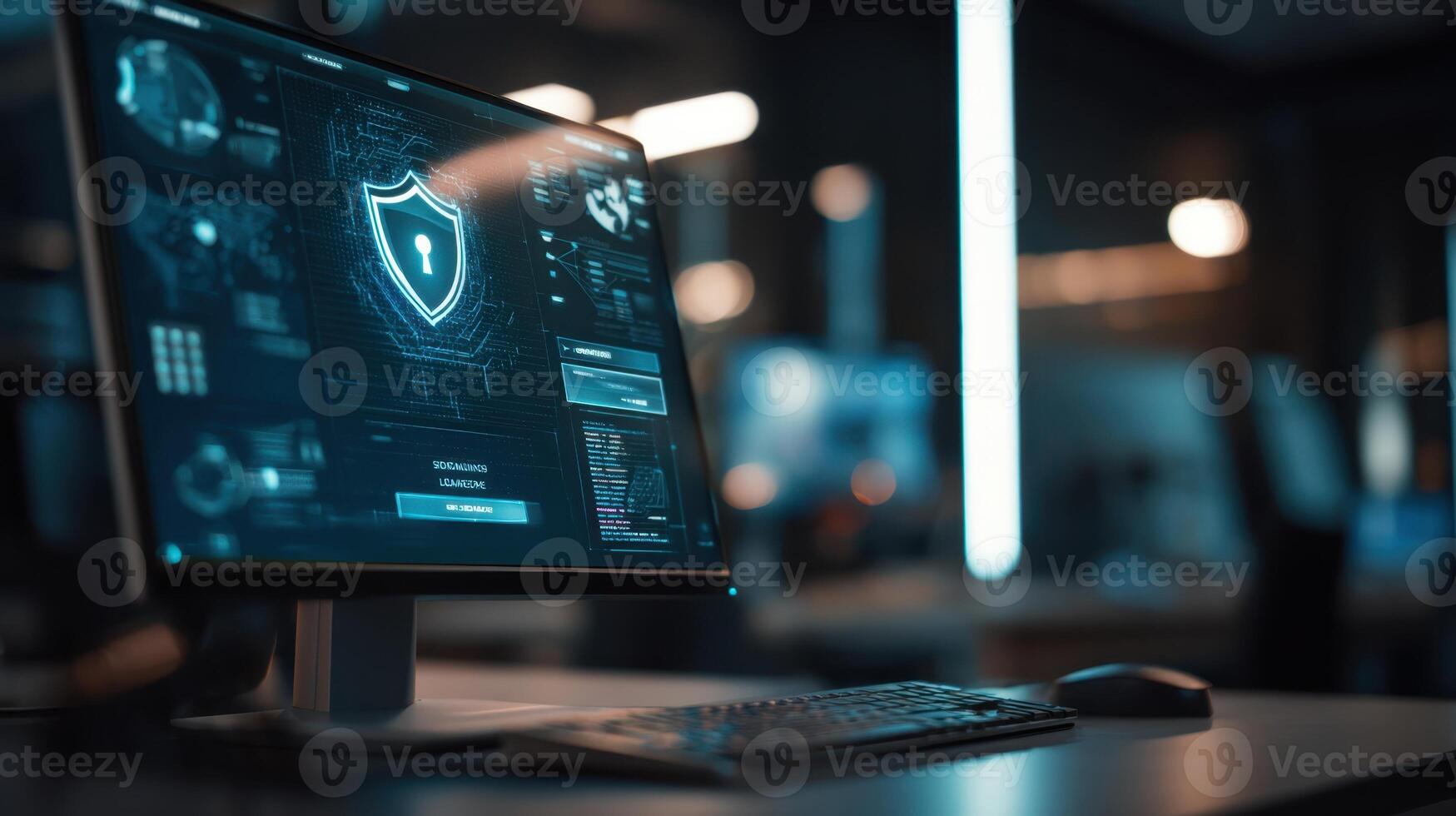 The computer screen displaying cybersecurity graphics and data in a modern workspace. photo