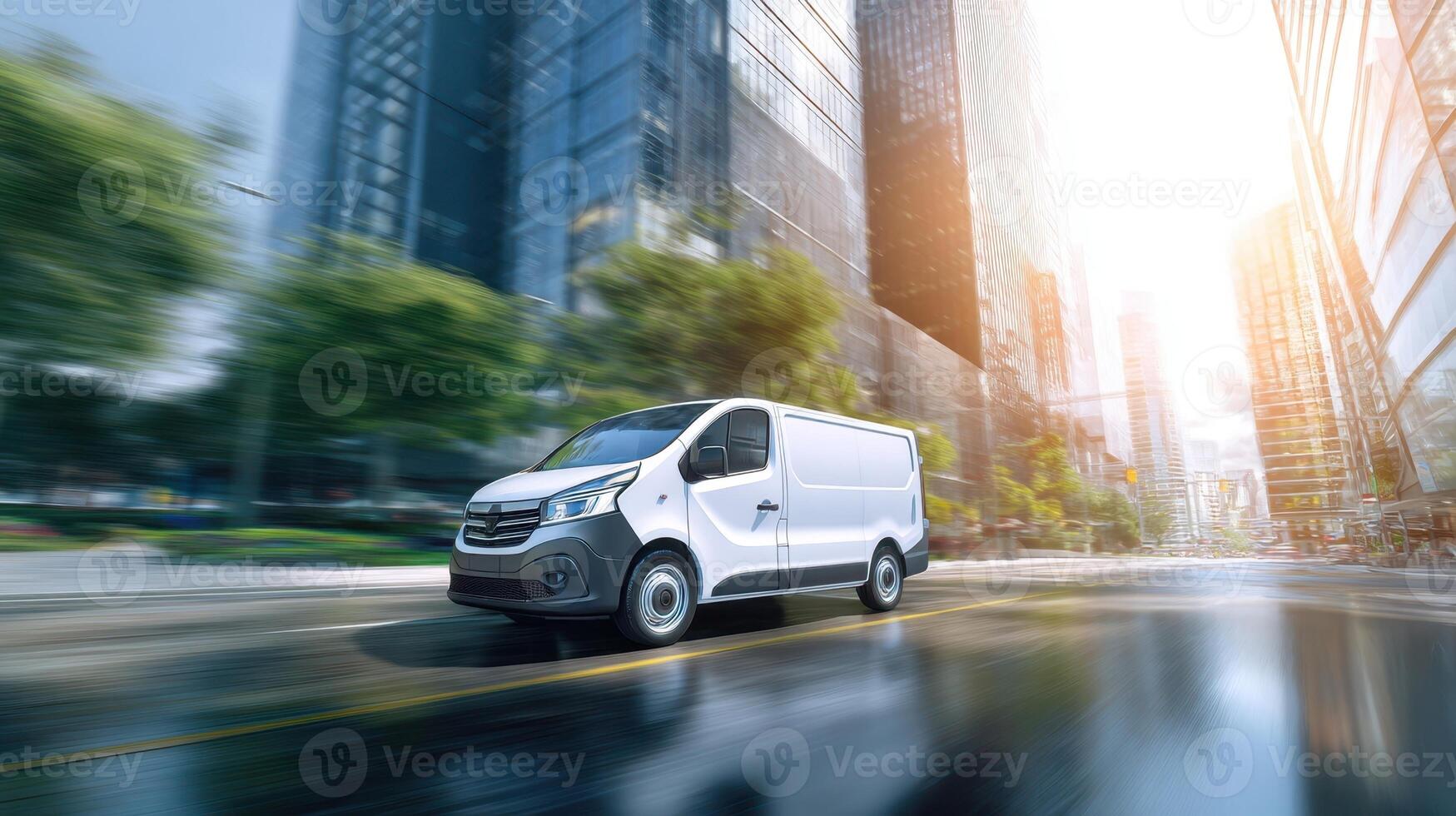 The sleek white delivery van speeding through a modern cityscape. photo