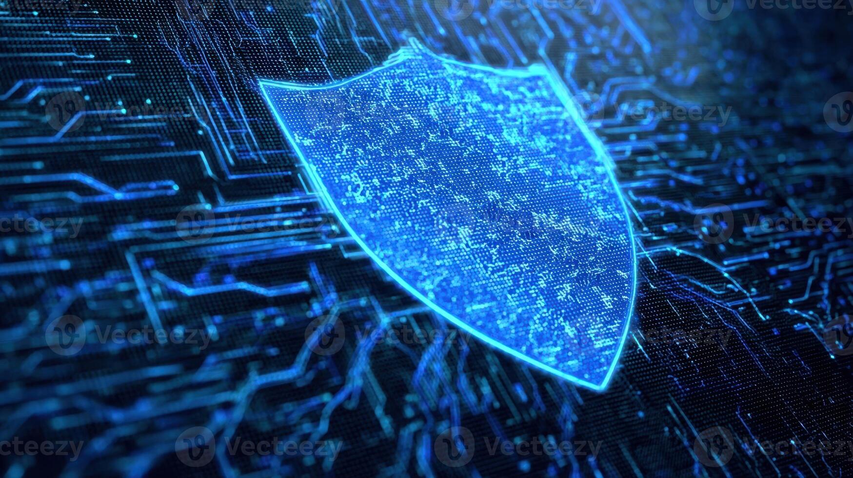 The digital blue shield representing advanced cybersecurity and data protection. photo