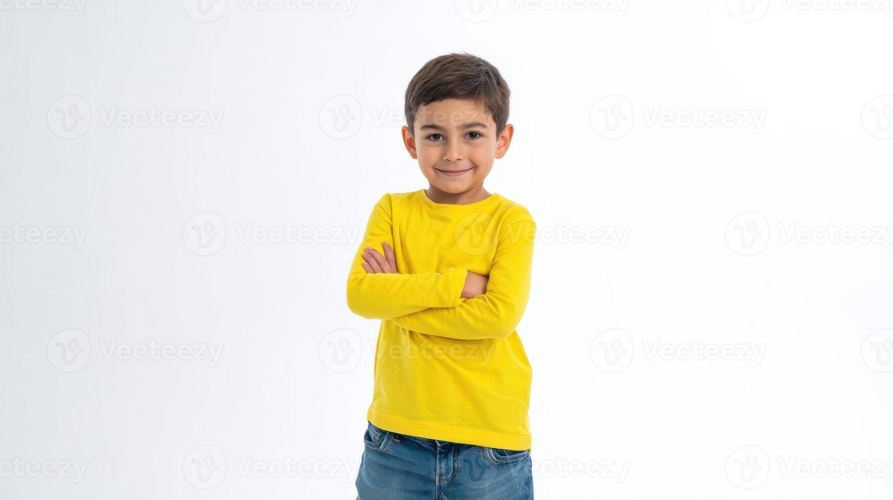 A young boy in a yellow shirt and jeans photo