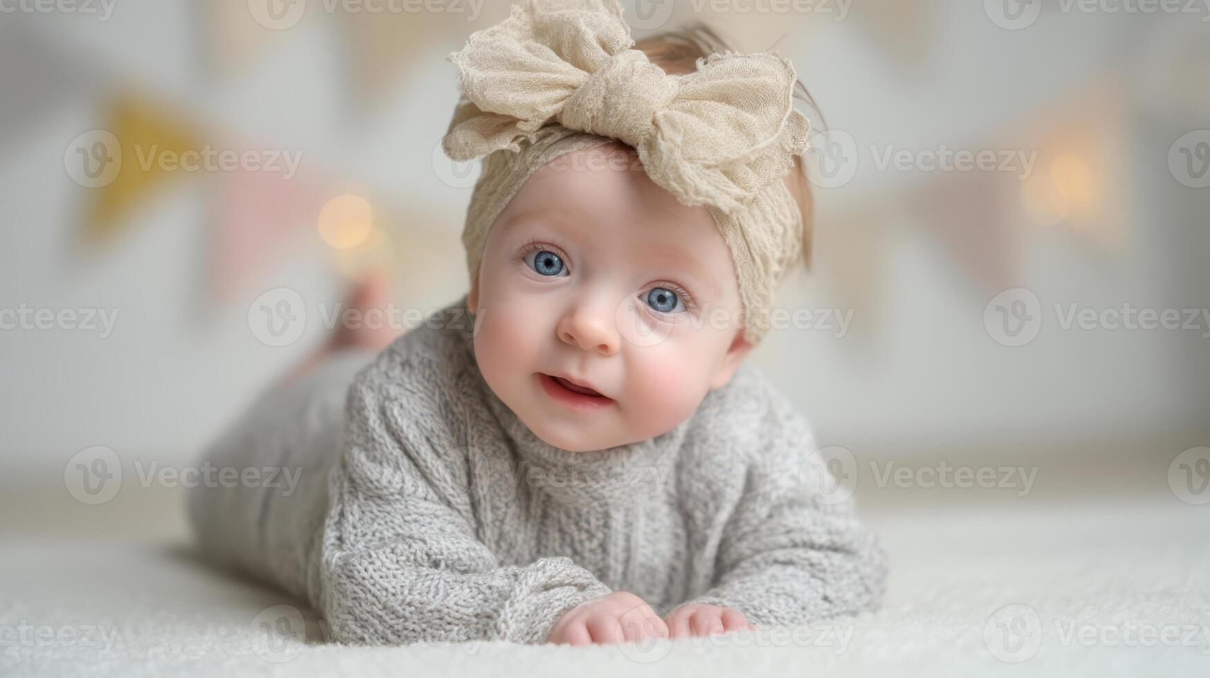 The adorable baby with a stylish bow headband and joyful expression. photo