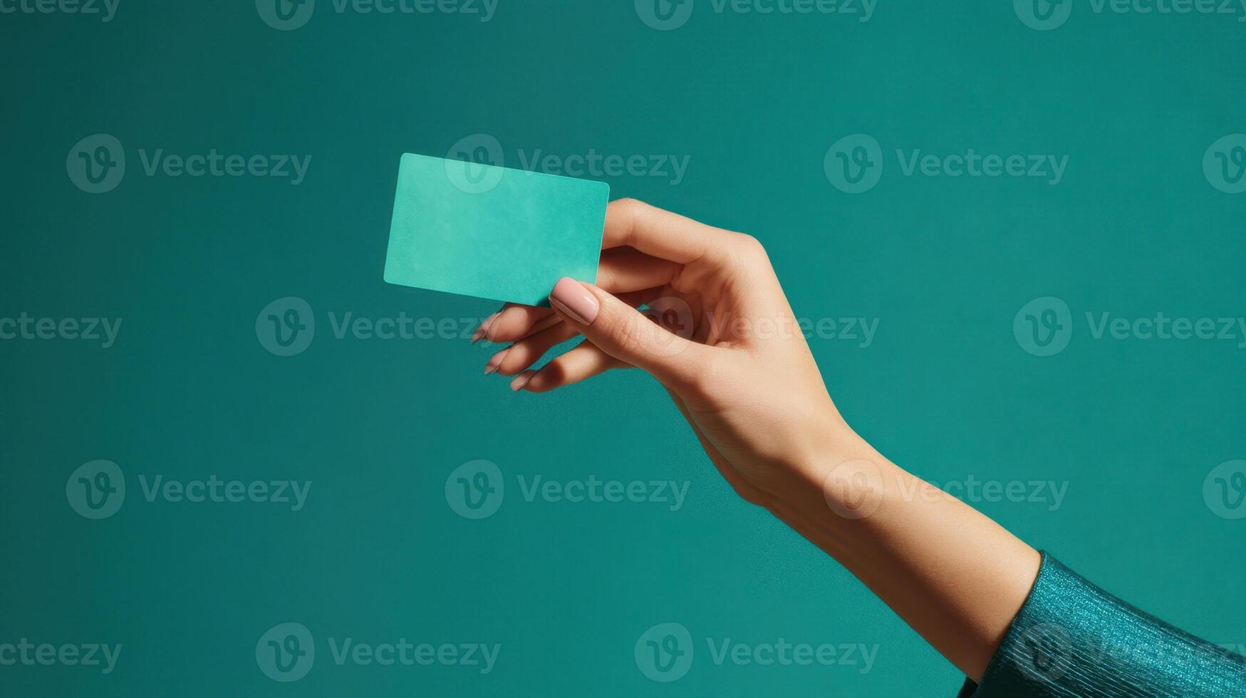 The stylish hand holding a teal card against a vibrant background photo