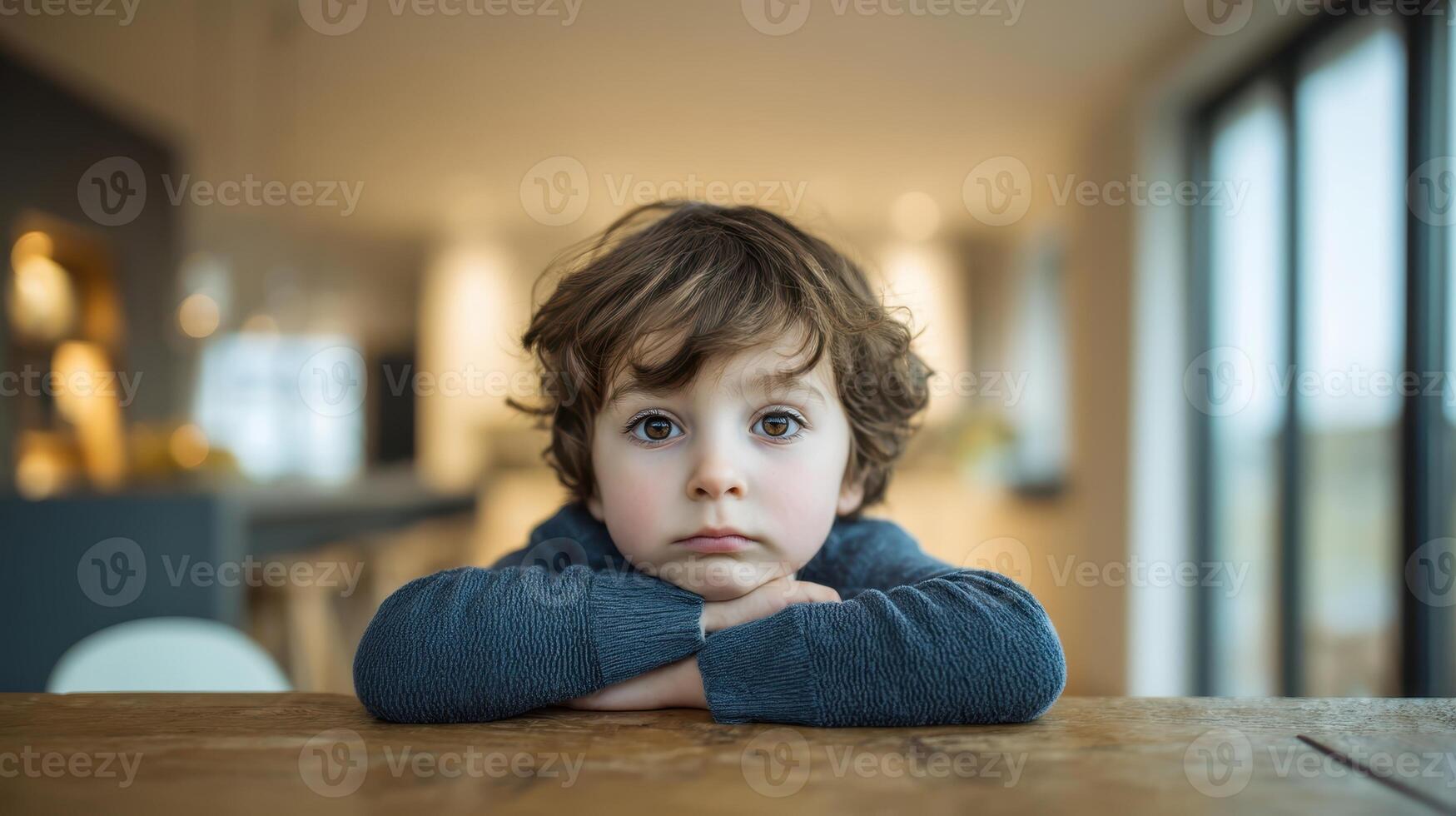 The thoughtful boy gazes introspectively from a cozy indoor setting. photo