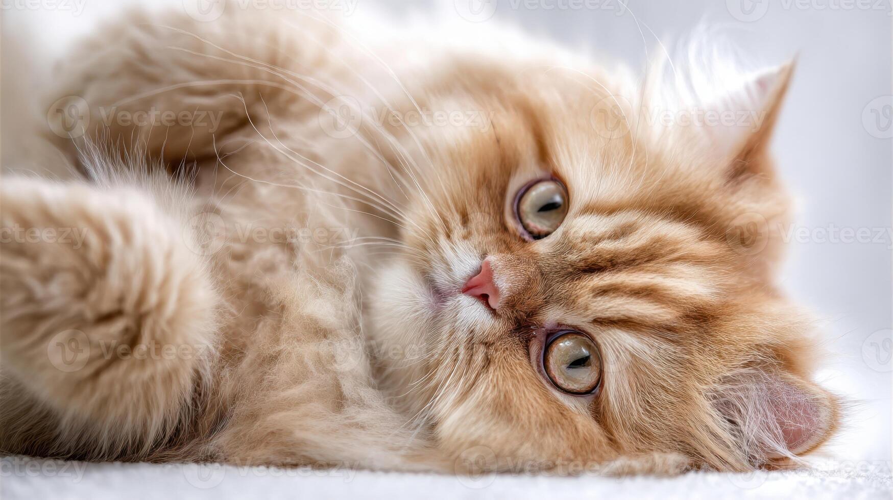 The adorable Persian cat relaxing on a soft surface looking playfully at the camera. photo