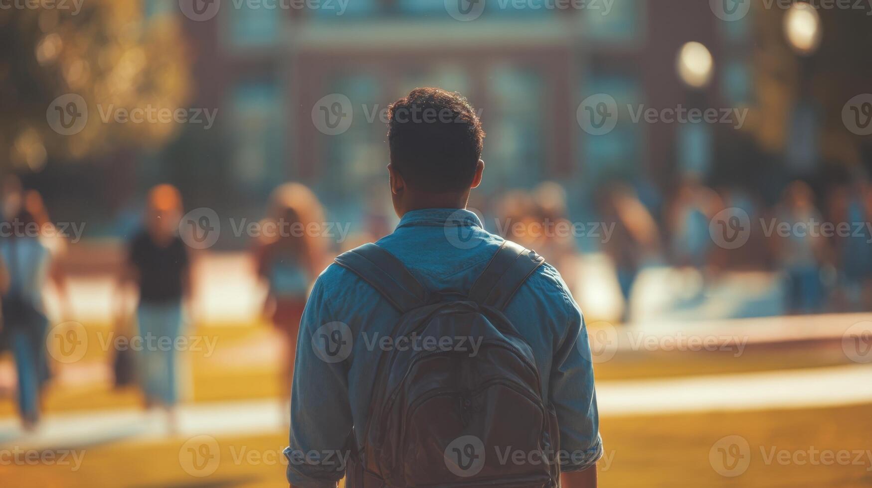 The student walking through a bustling campus on a sunny day photo