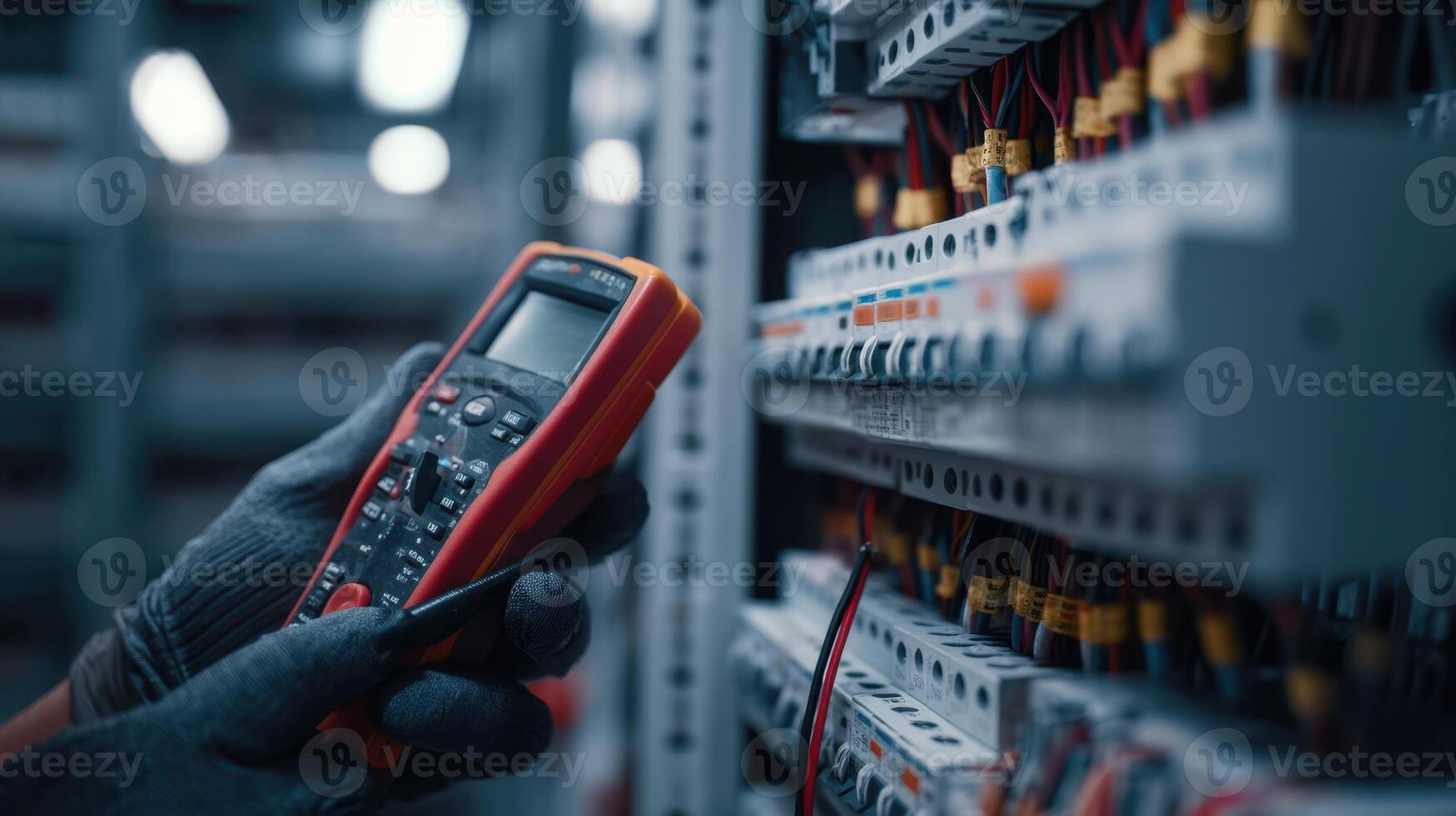 The electrician using a multimeter for electrical circuit testing in a workshop photo