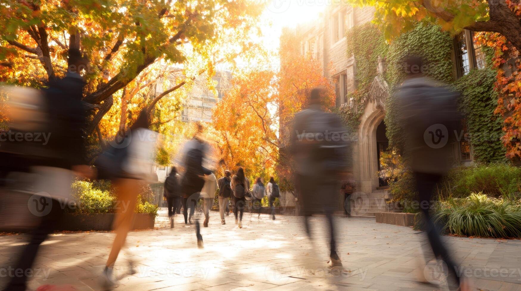 The students enjoying a vibrant autumn day on a university campus. photo