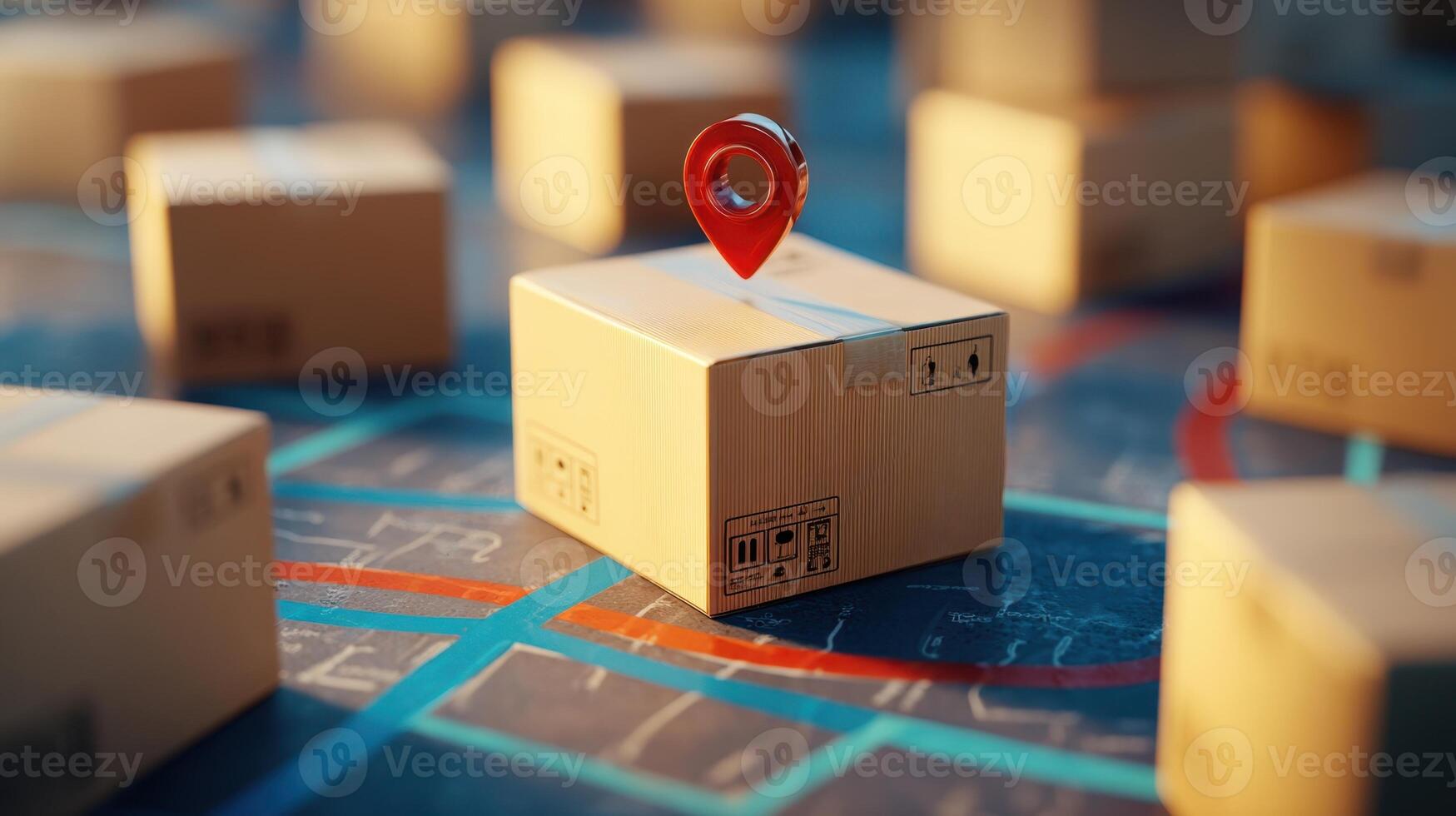 The package with a location marker on a shipping map for delivery tracking. photo