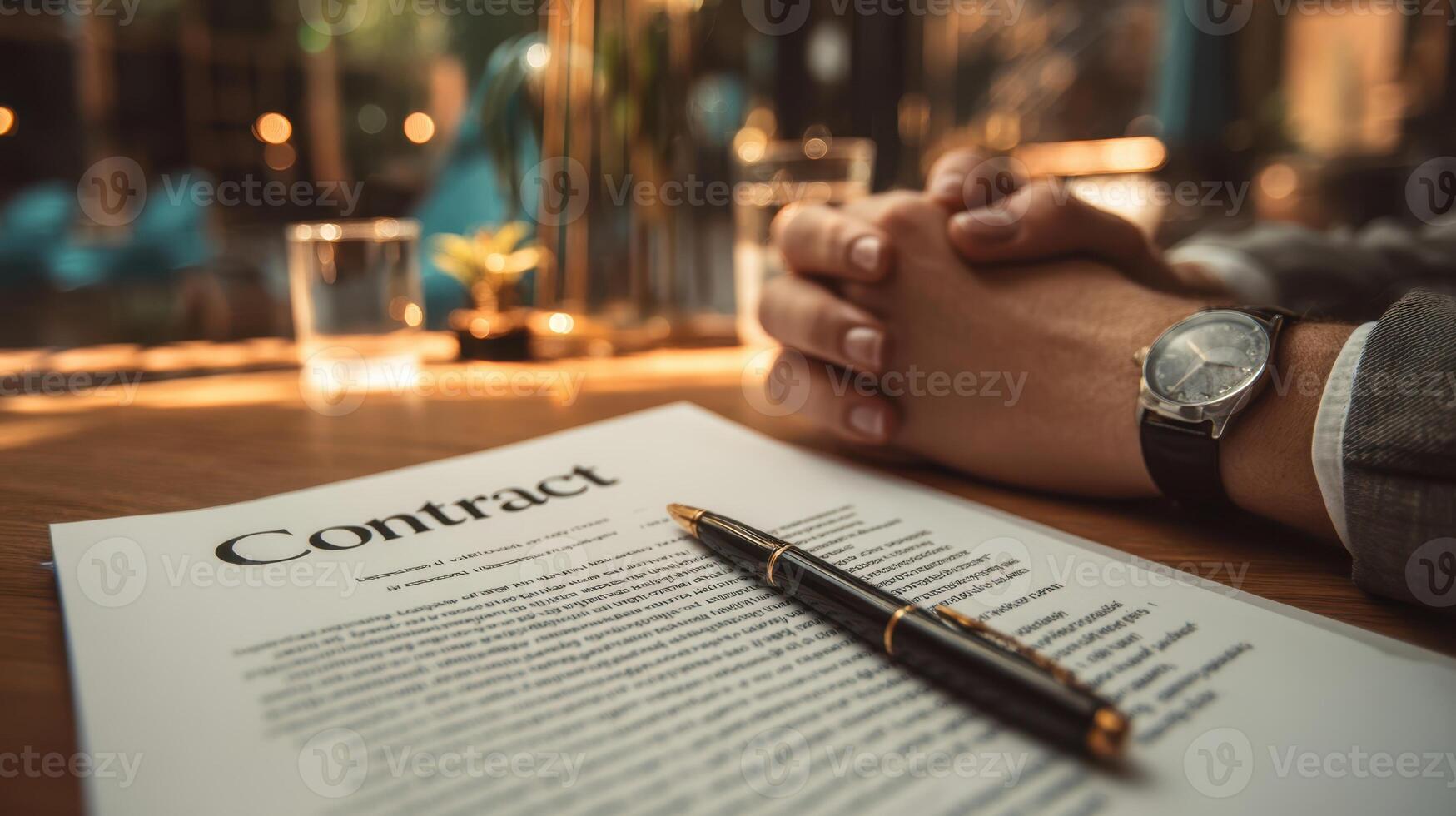 The contract on a desk with hands clasped in deep thought. photo