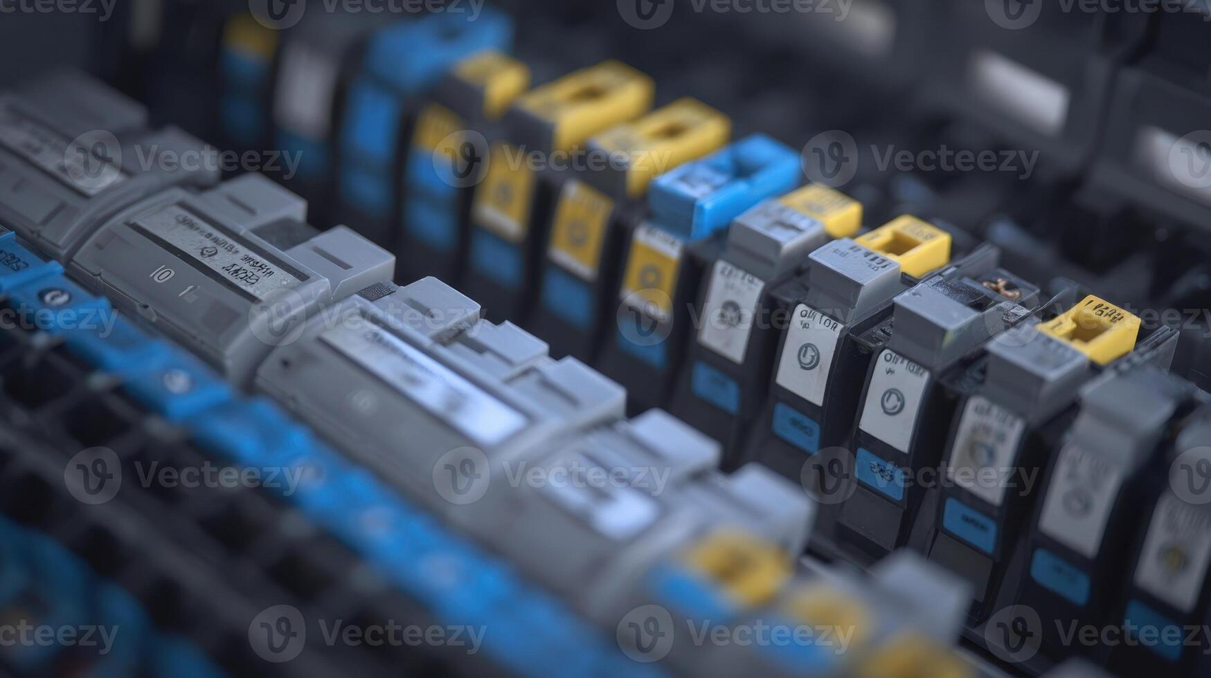 The detailed view of modern electrical circuit breakers in a control panel. photo